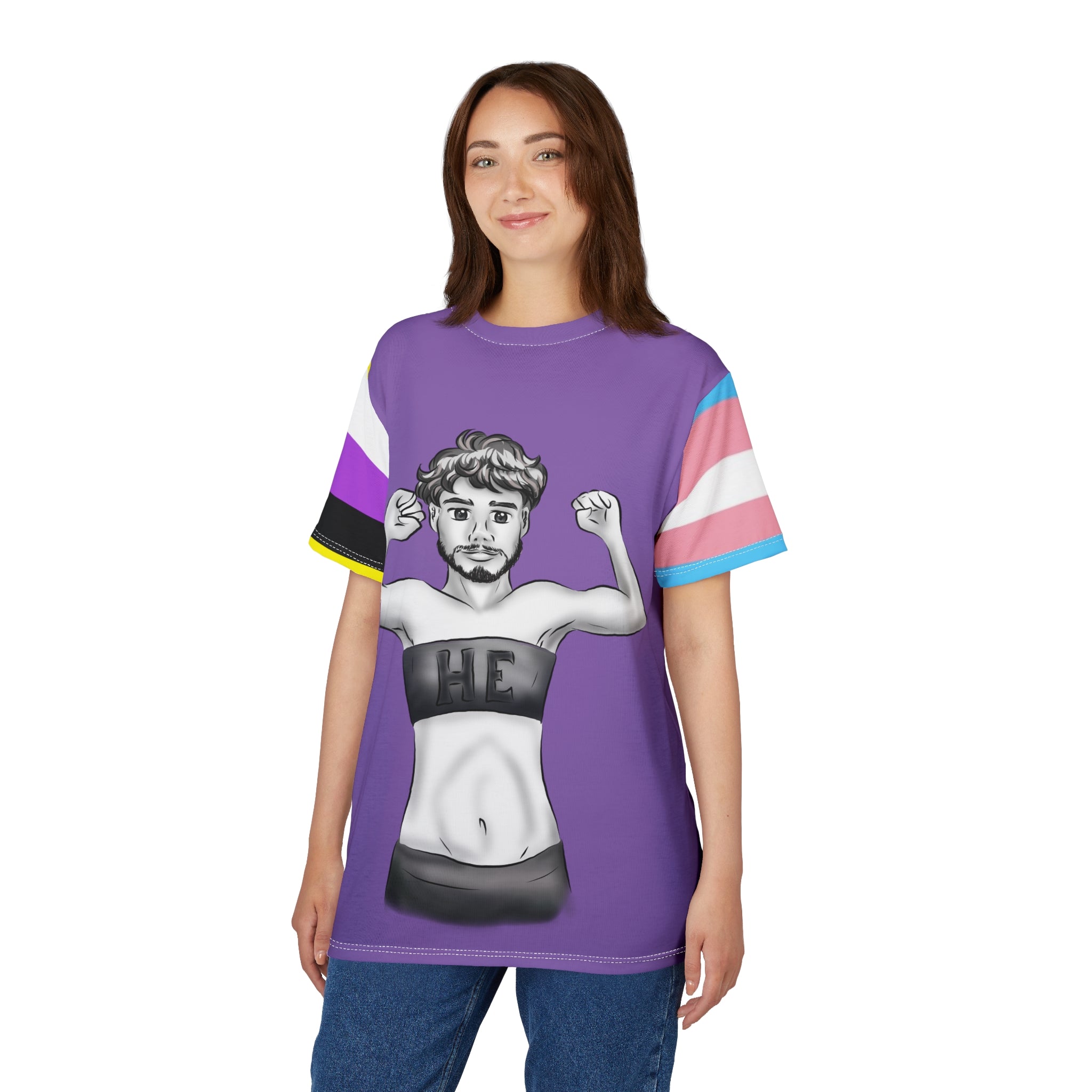 HE Gender-Free Pride Tee – Trans & Nonbinary Flag Sleeves, Inclusive LGBTQIA+ Fashion | Voce Lindx