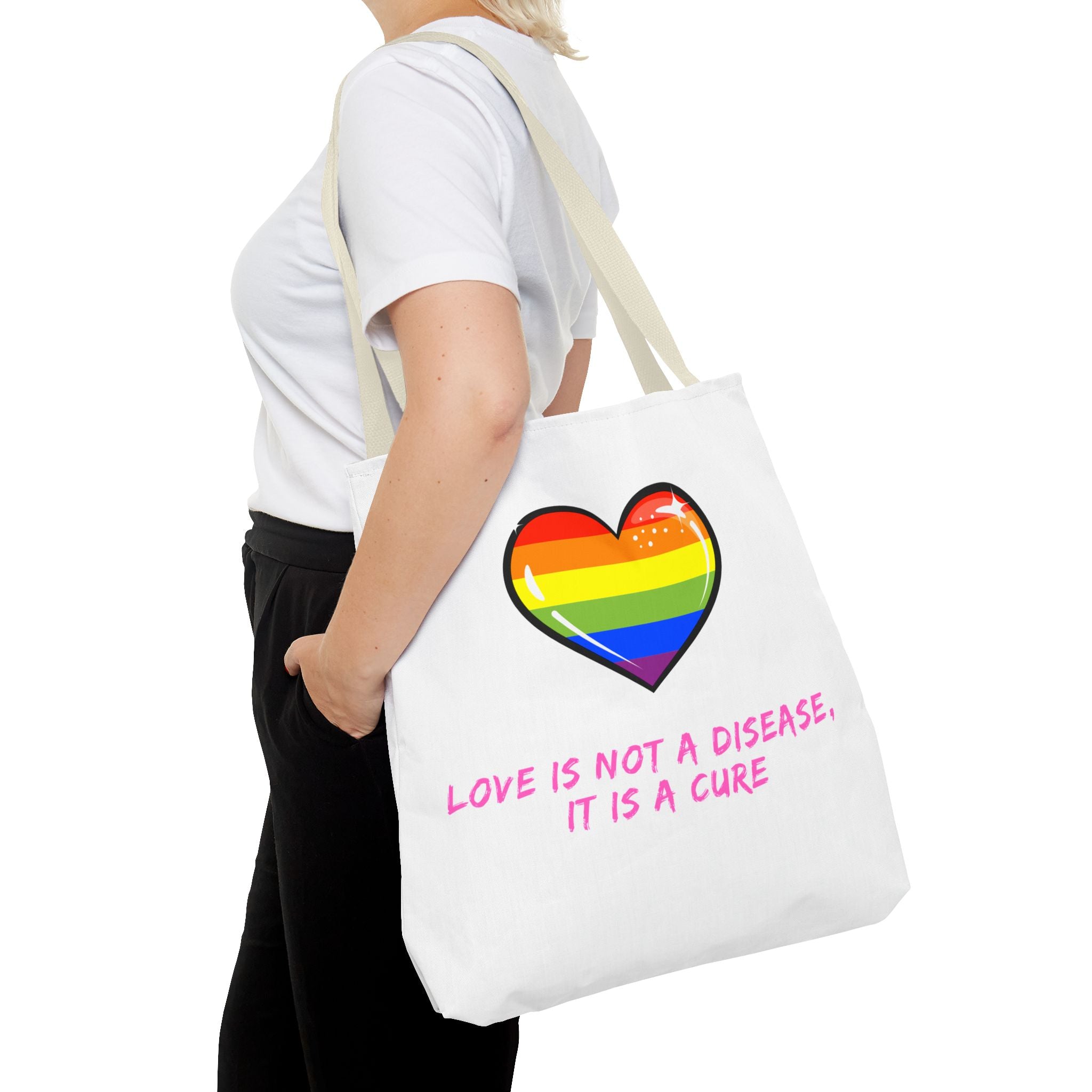 Rainbow Heart Pride Tote Bag – “Love Is Not a Disease, It Is a Cure”, Durable Polyester, Multiple Sizes | Inclusive LGBTQIA+ Accessory | Voce Lindx