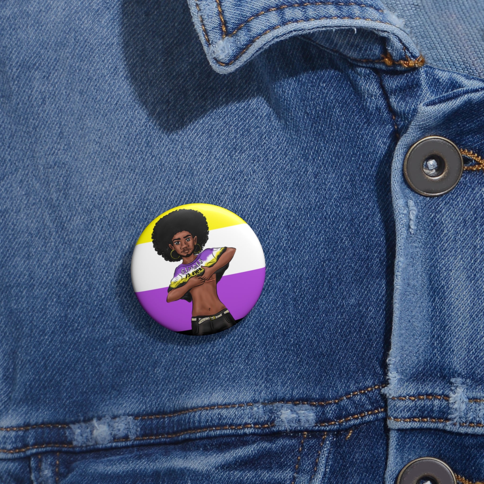 Nonbinary Pride Pin Button – Gender-Free, “Gender Is Over” Black Representation Art, Glossy Metal, Multiple Sizes | Voce Lindx