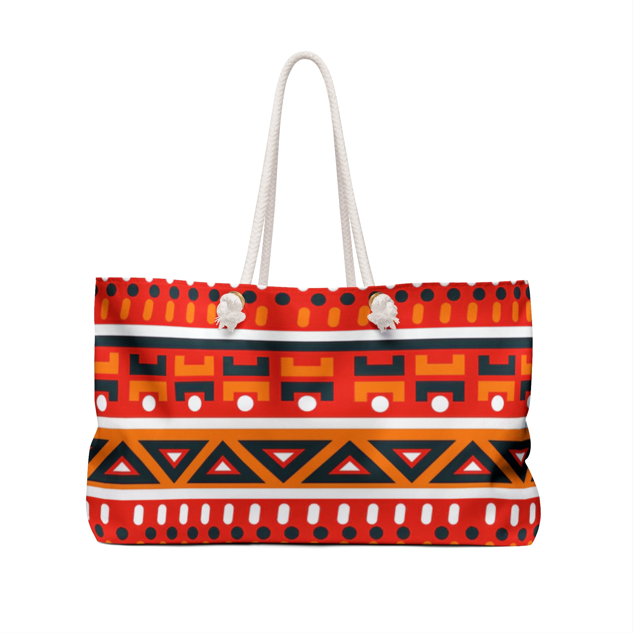 Red & Orange African-Inspired Weekender Bag – Oversized, Durable Polyester, Rope Handles | Inclusive Travel Tote | Voce Lindx