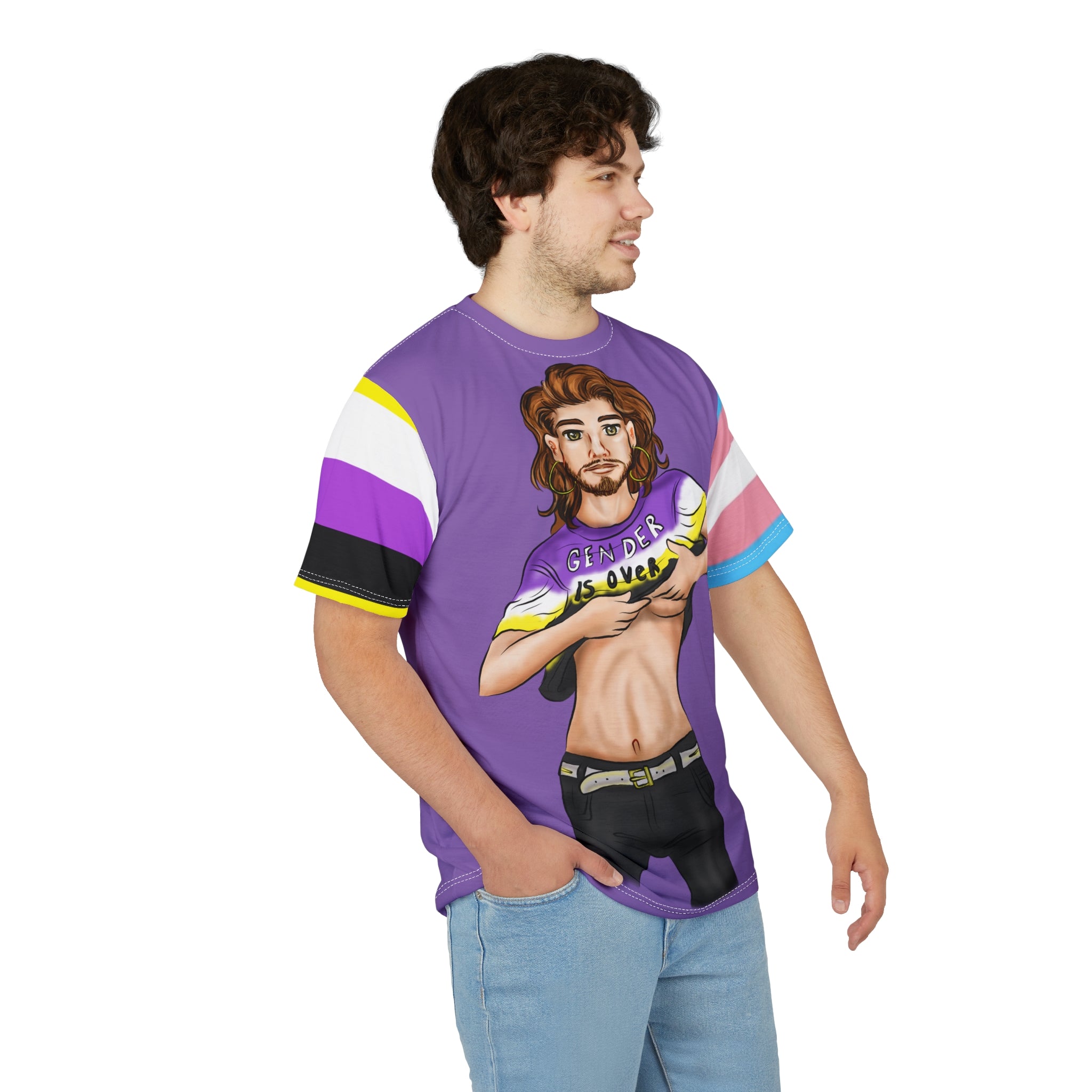 Gender Is Over Gender-Free Tee – Nonbinary & Trans Pride Sleeves, Inclusive LGBTQIA+ Art, Lightweight Polyester | Voce Lindx