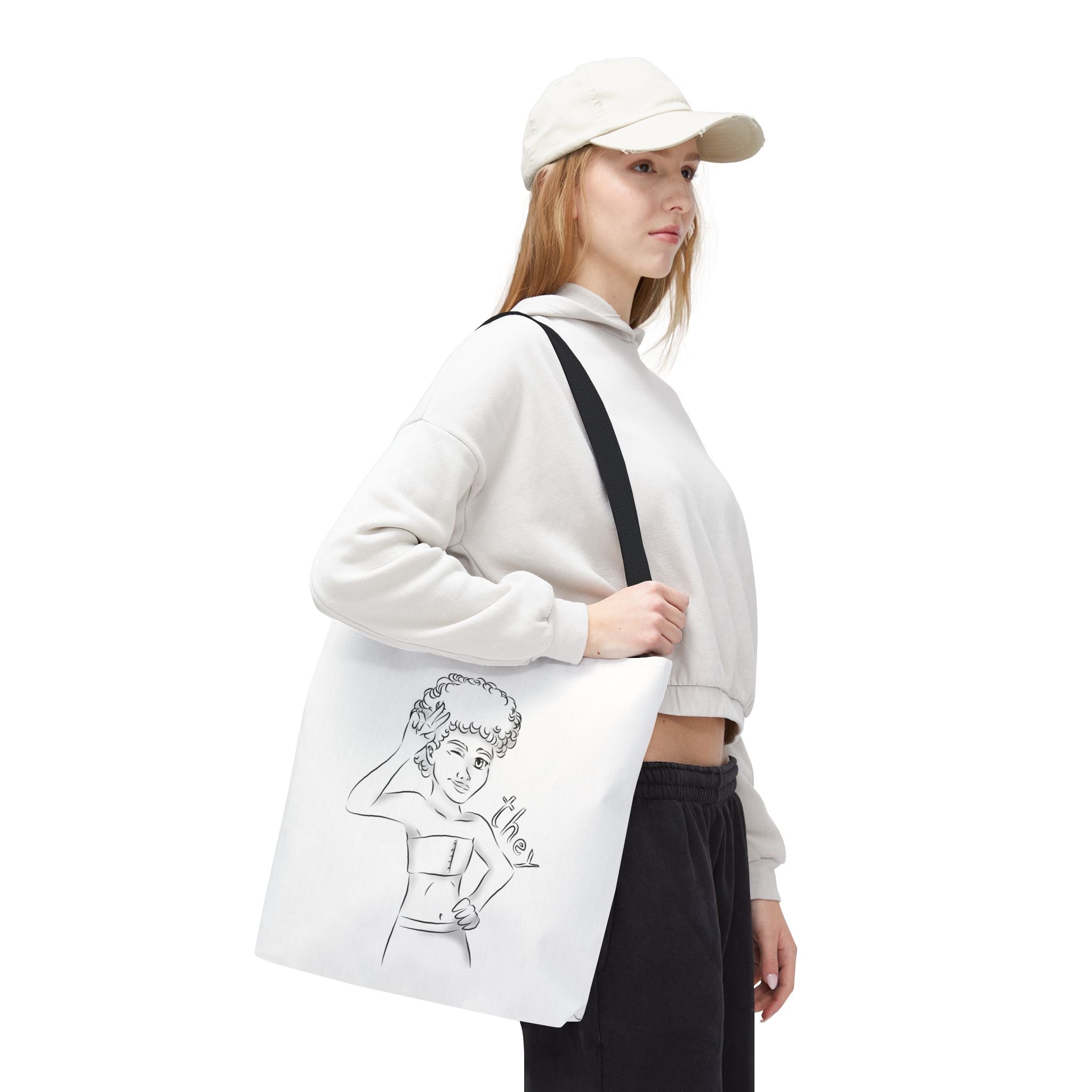 They Pronoun Tote Bag – Gender-Free, Black Line Art, Durable Polyester, Multiple Sizes | Inclusive LGBTQIA+ Accessory | Voce Lindx