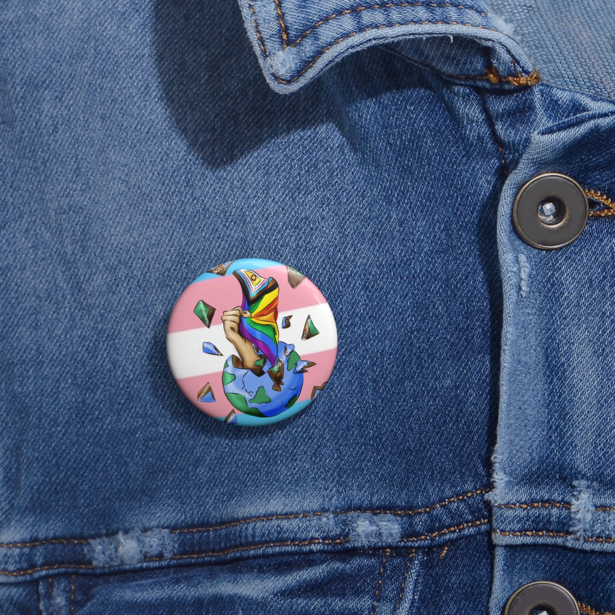 Resistance Pride Pin Button – Gender-Free, Progress & Trans Flag Art, Glossy Metal, Multiple Sizes | Voce Lindx
