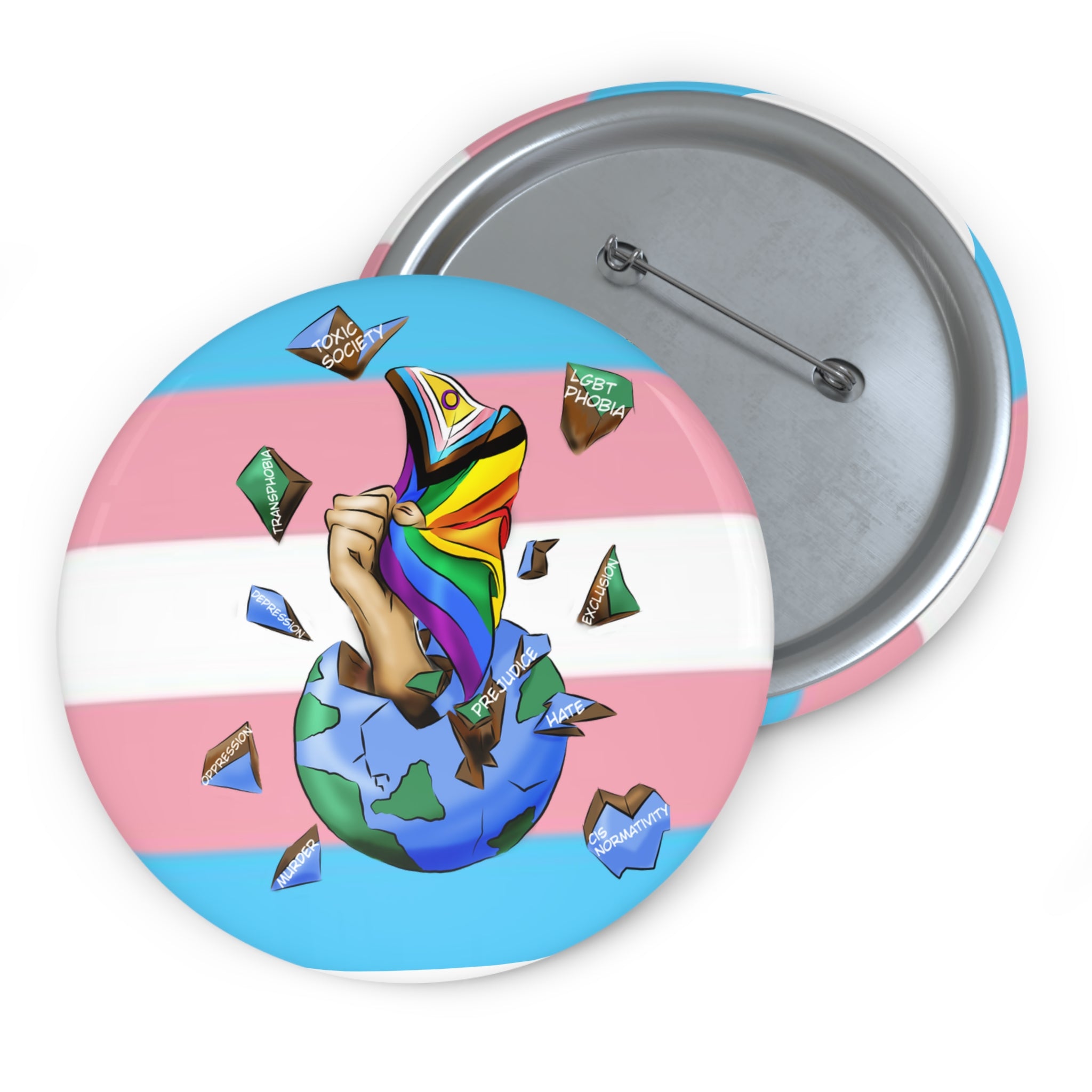 Resistance Pride Pin Button – Gender-Free, Progress & Trans Flag Art, Glossy Metal, Multiple Sizes | Voce Lindx