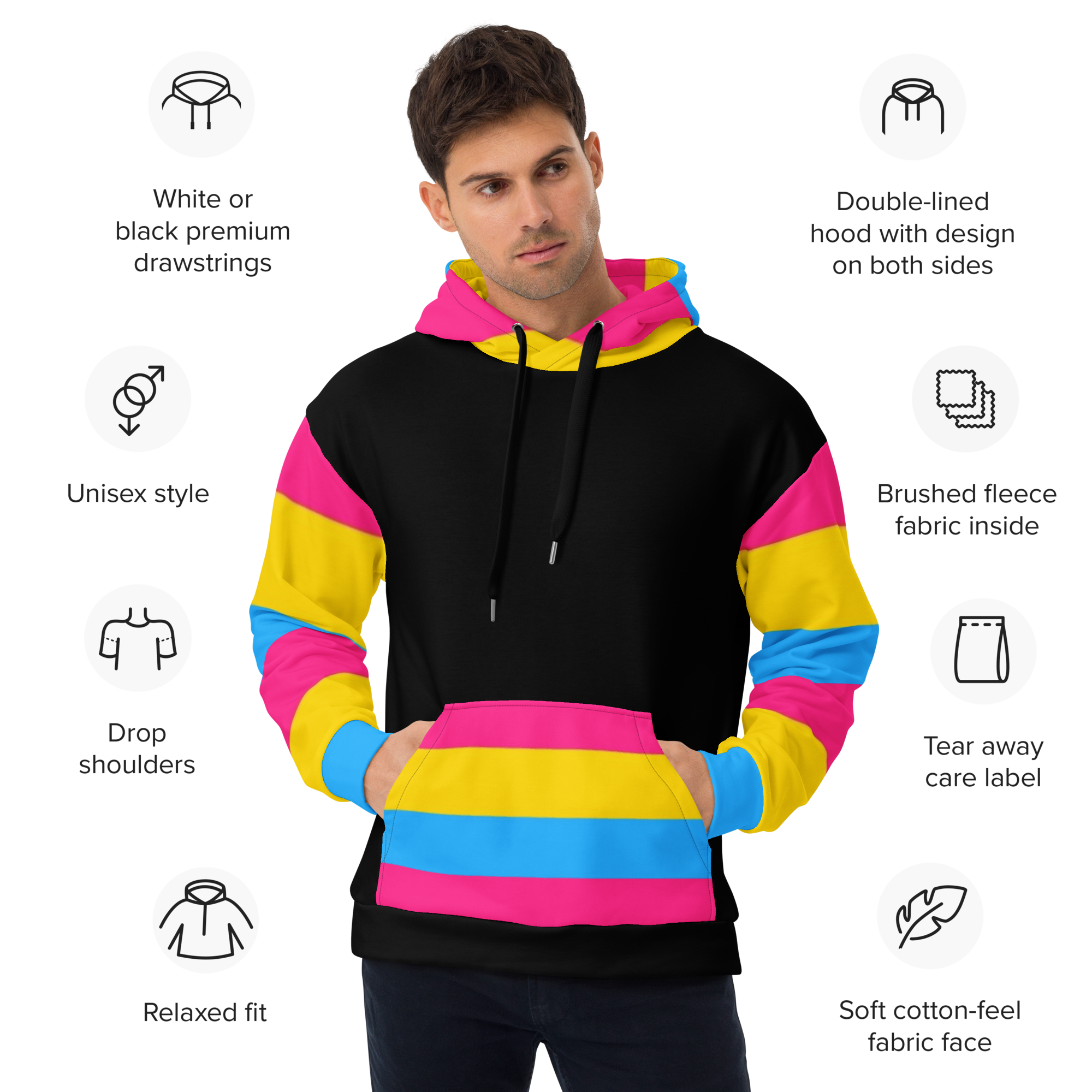 VOCE LINDX Pansexual Flag Hoodie – 95 % Recycled Polyester & 5 % Spandex, Brushed Fleece, Flag Design
