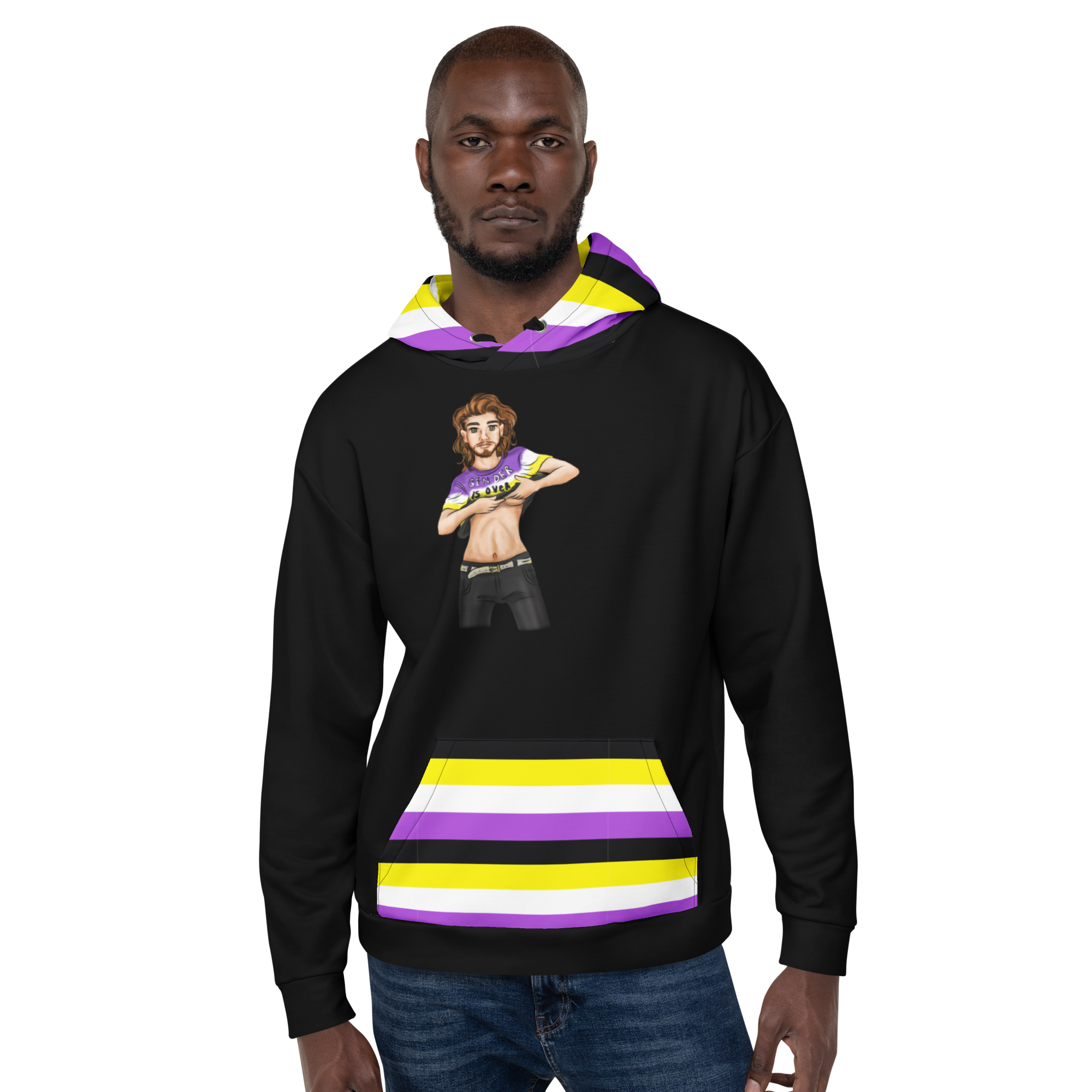 “Gender Is Over” Non-Binary Pride Hoodie – Purple, Yellow, White & Black | Inclusive Statement Style