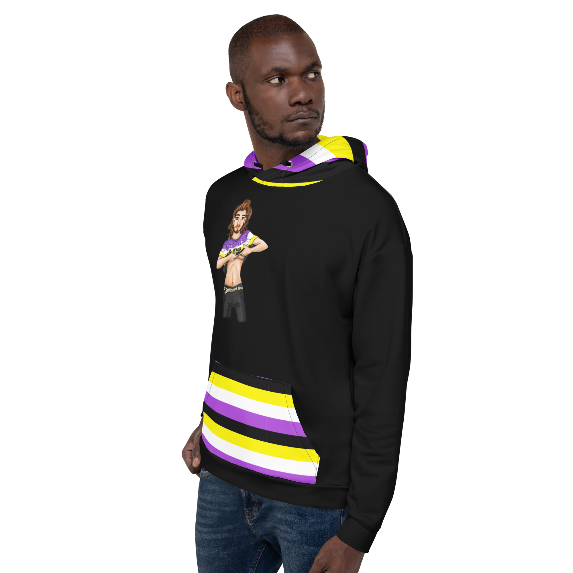 “Gender Is Over” Non-Binary Pride Hoodie – Purple, Yellow, White & Black | Inclusive Statement Style