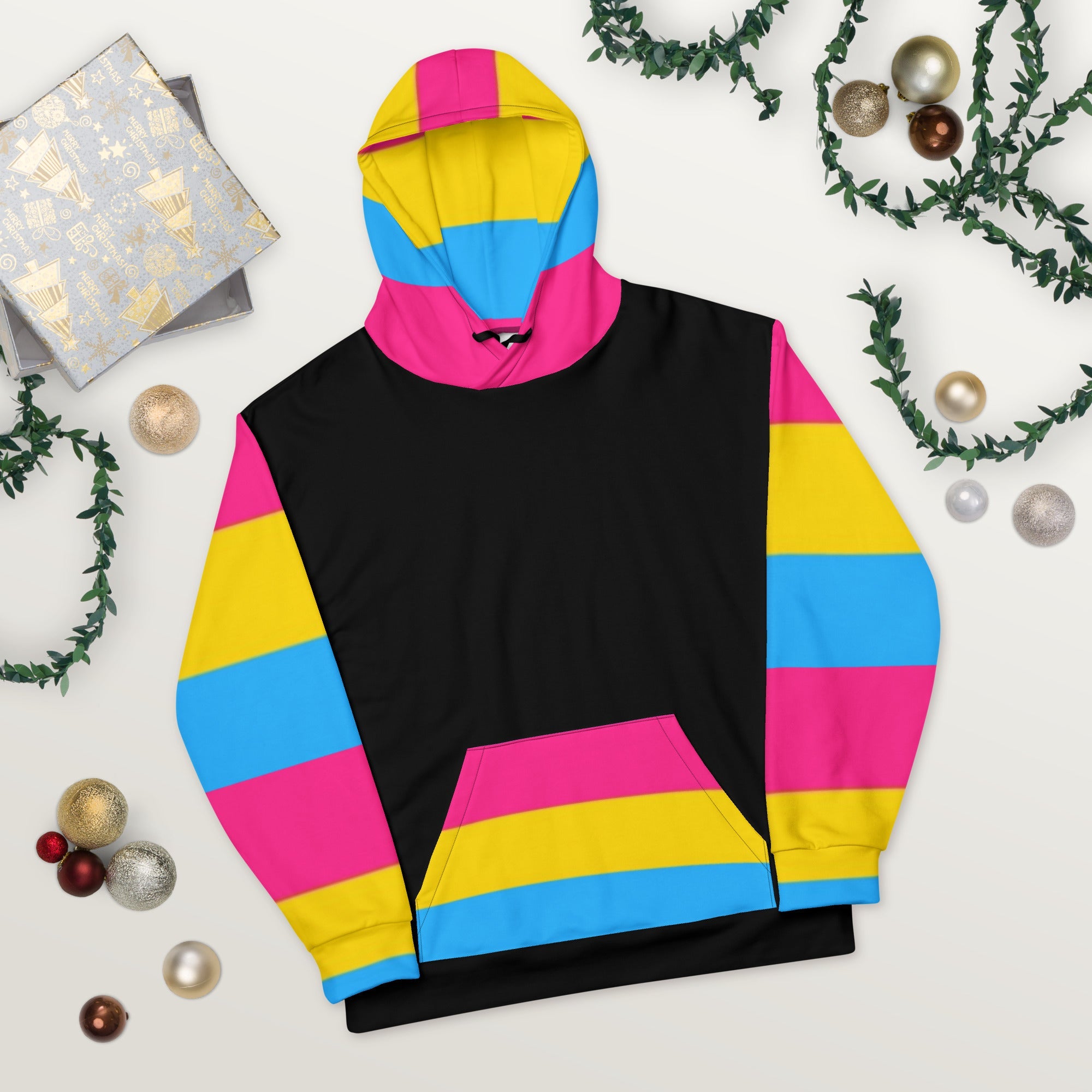 VOCE LINDX Pansexual Flag Hoodie – 95 % Recycled Polyester & 5 % Spandex, Brushed Fleece, Flag Design