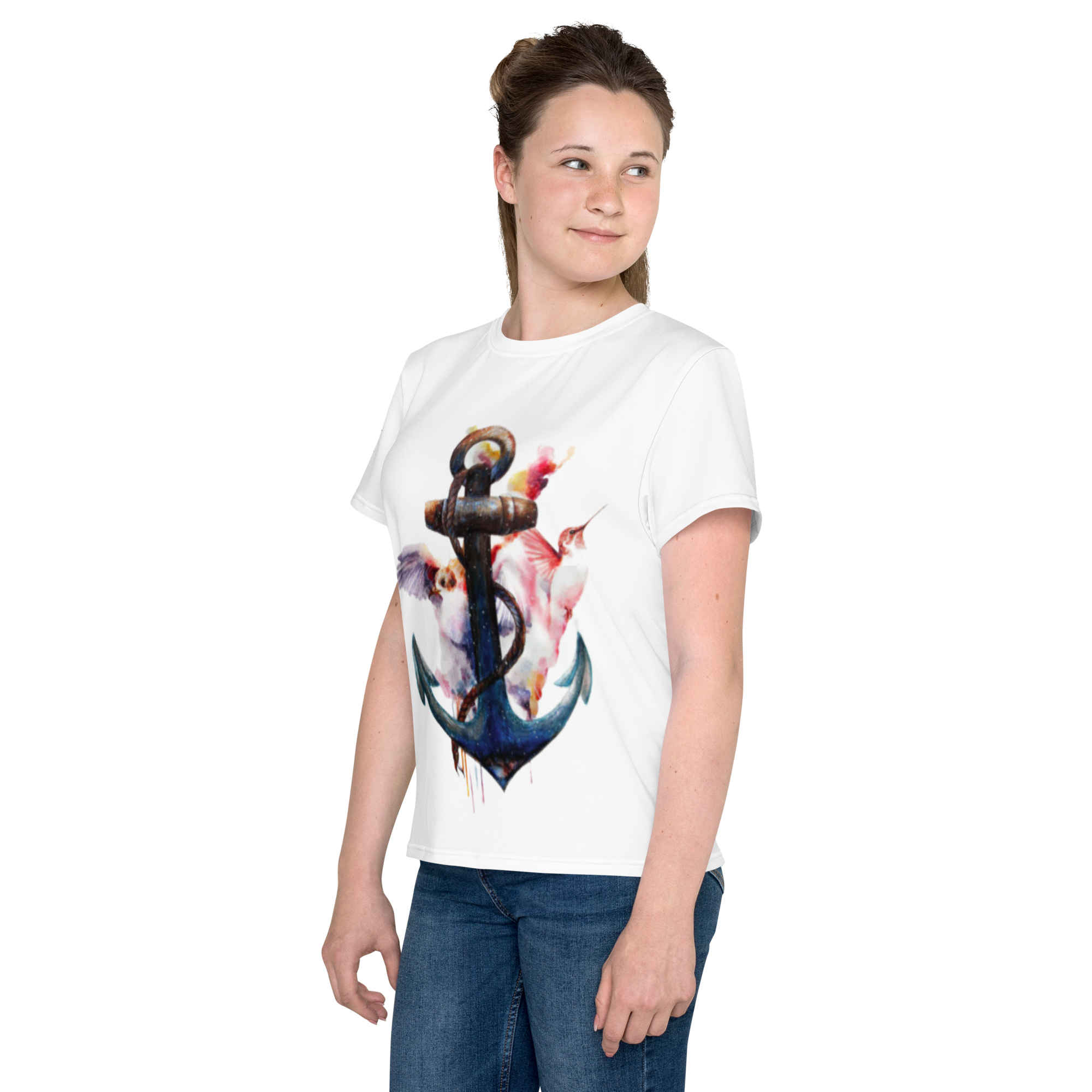 Camiseta juvenil cuello redondo ancla y colibrí