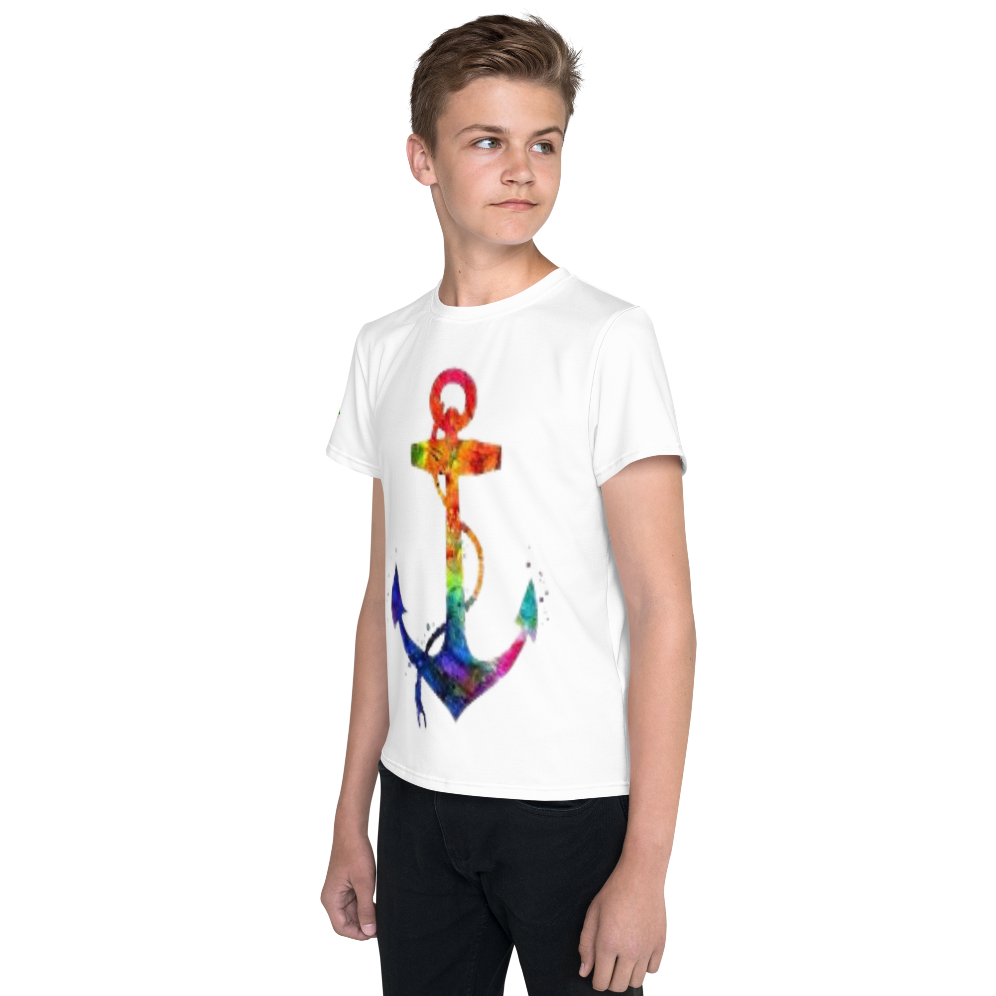 T-shirt juvenil com gola redonda âncora arco-íris