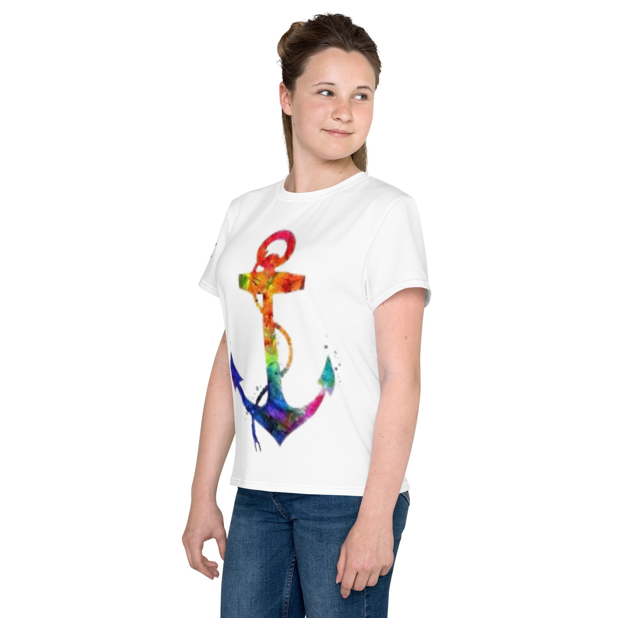 T-shirt juvenil com gola redonda âncora arco-íris