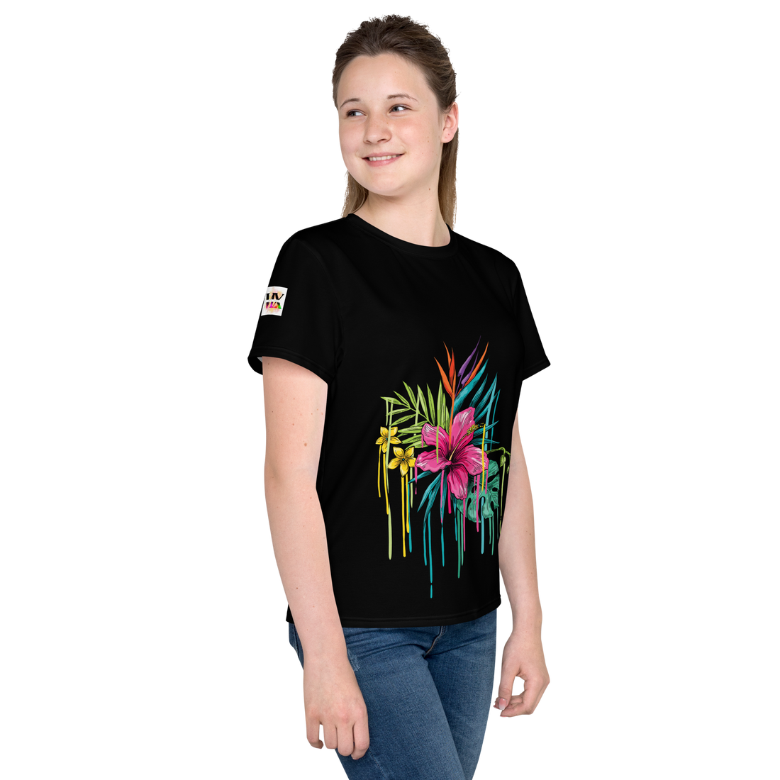 Camiseta juvenil cuello redondo negra flor rosa