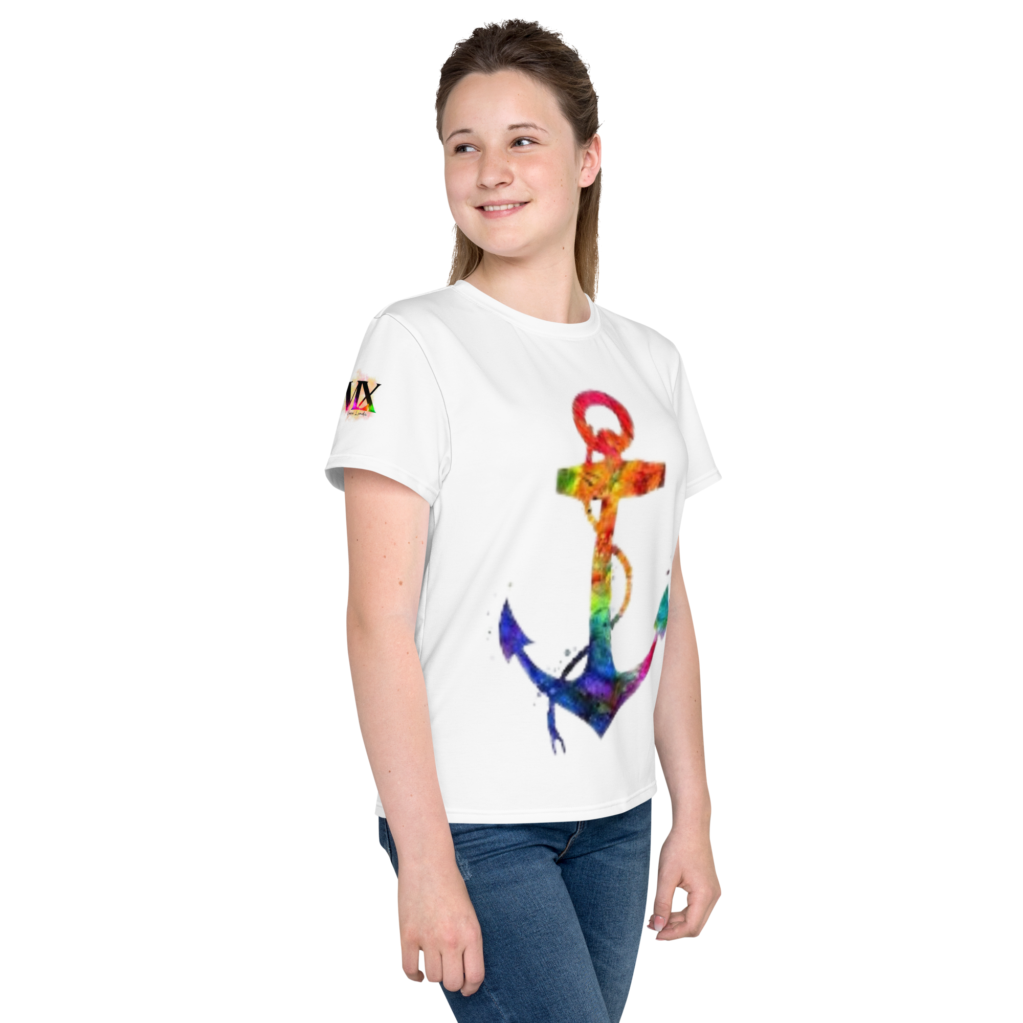 T-shirt juvenil com gola redonda âncora arco-íris