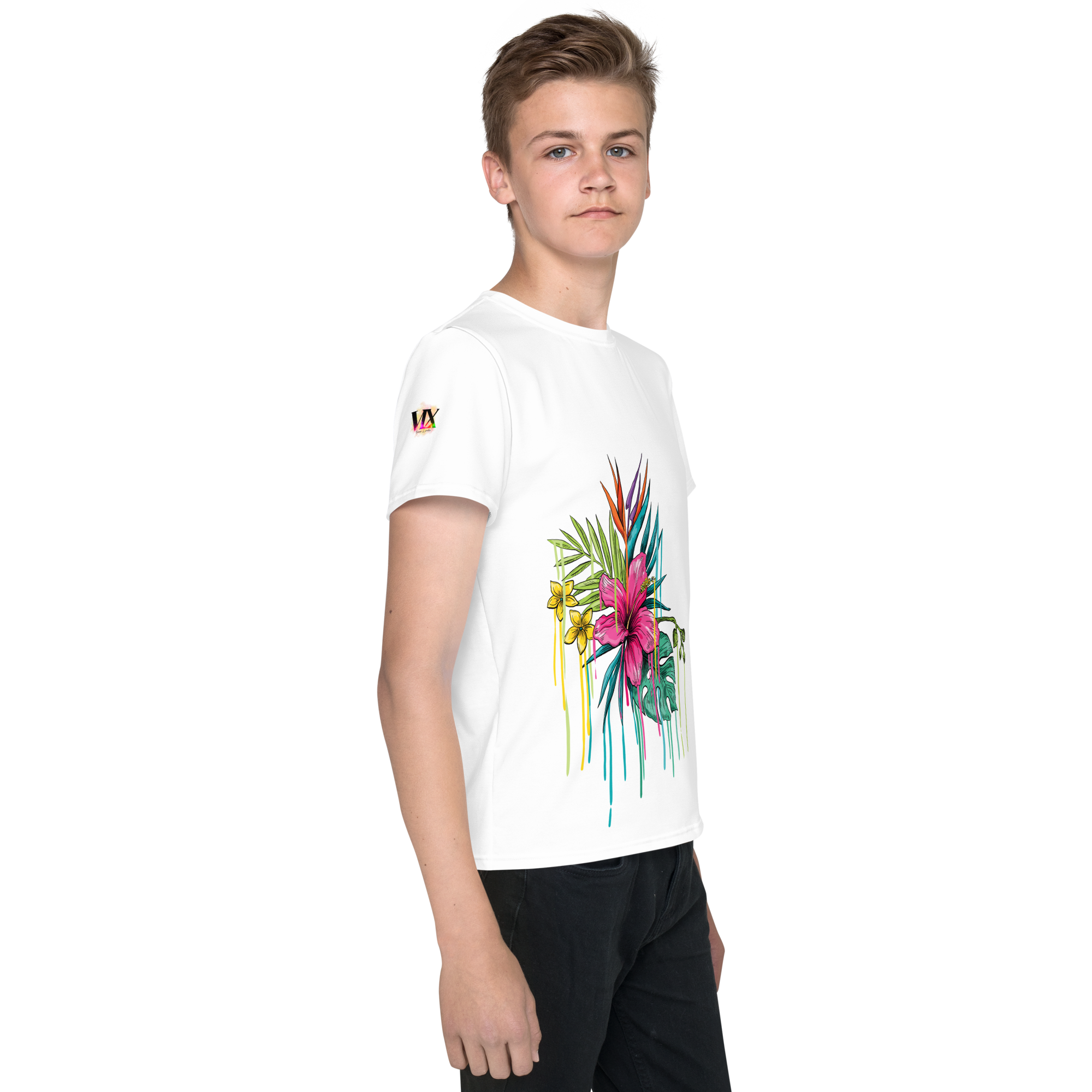 Camiseta juvenil cuello redondo flor rosa