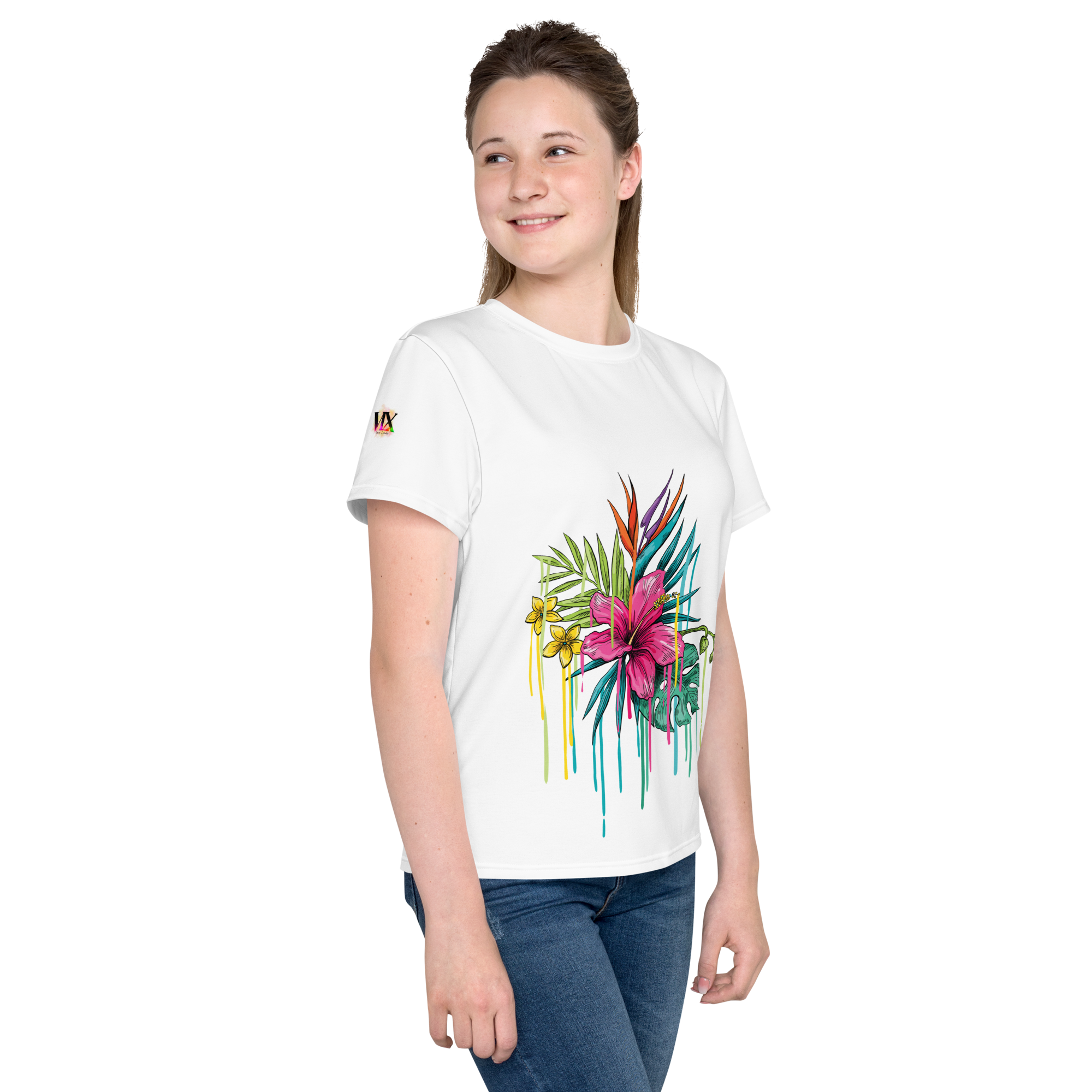 Camiseta juvenil cuello redondo flor rosa