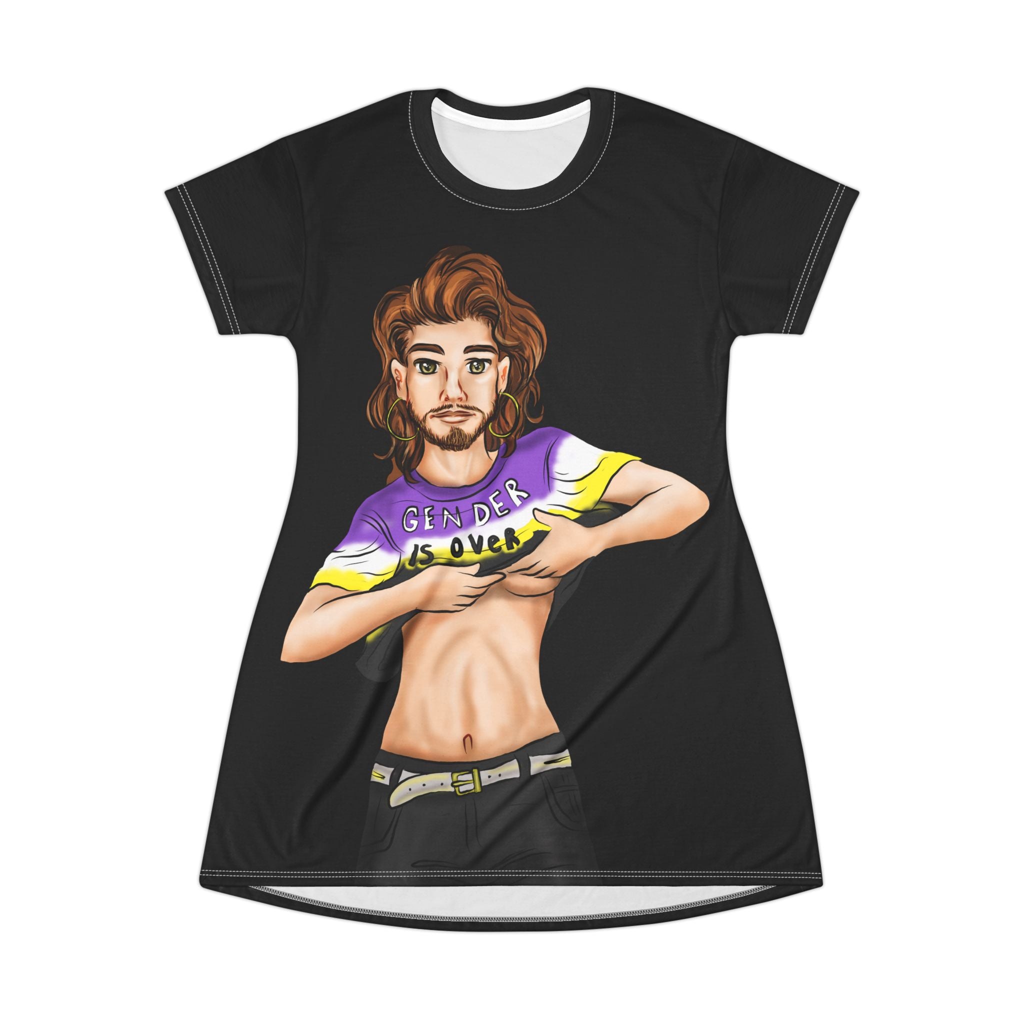 Gender Is Over T-Shirt Dress – Gender-Free, Nonbinary Pride Art, Lightweight Polyester | Voce Lindx