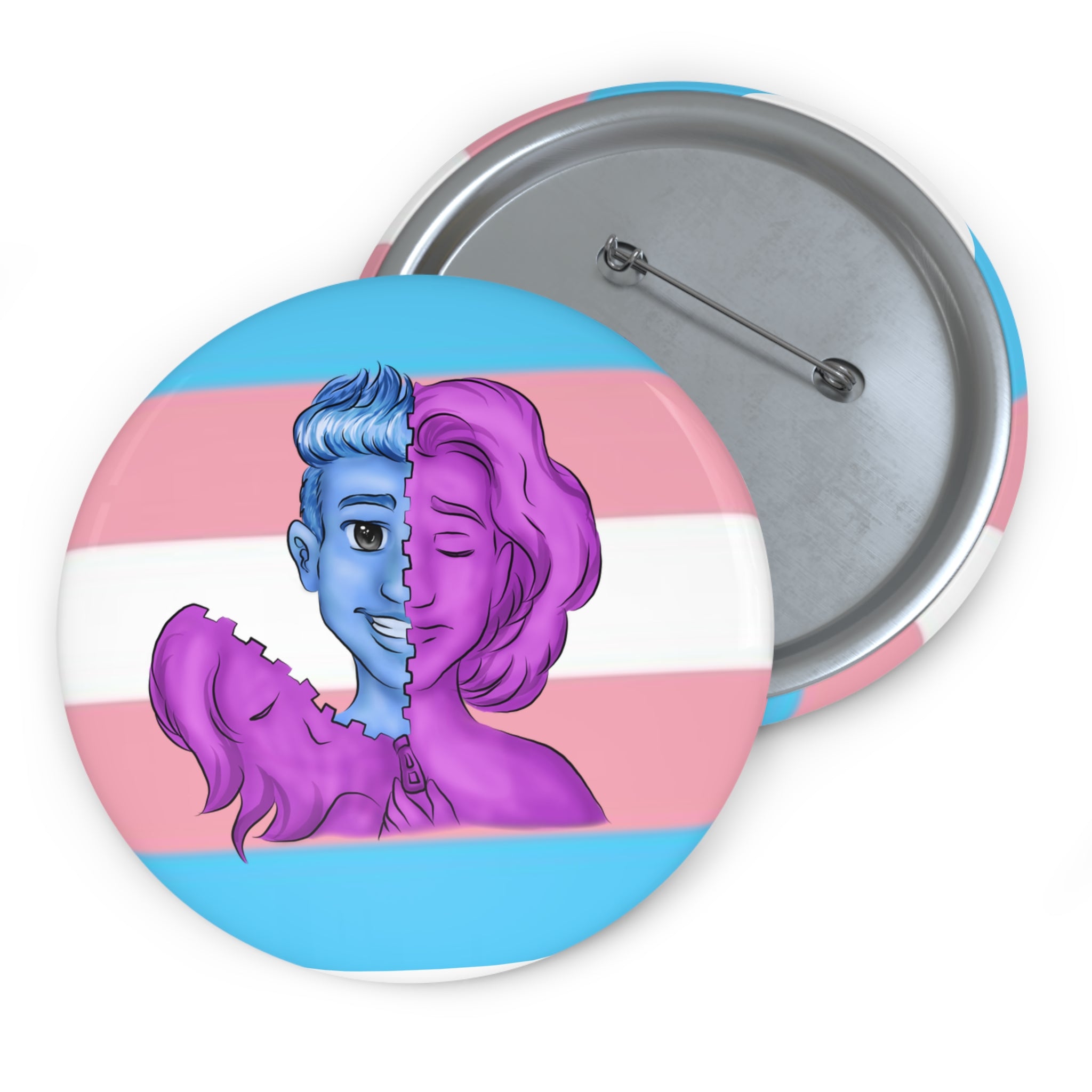 FTM Trans Pride Pin Button – Gender-Free, Transgender Flag Art, Glossy Metal, Multiple Sizes | Voce Lindx