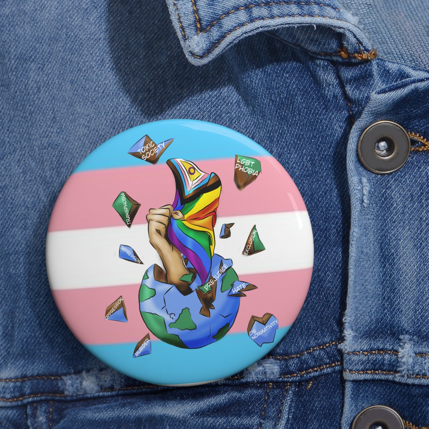 Resistance Pride Pin Button – Gender-Free, Progress &amp; Trans Flag Art, Glossy Metal, Multiple Sizes | Voce Lindx
