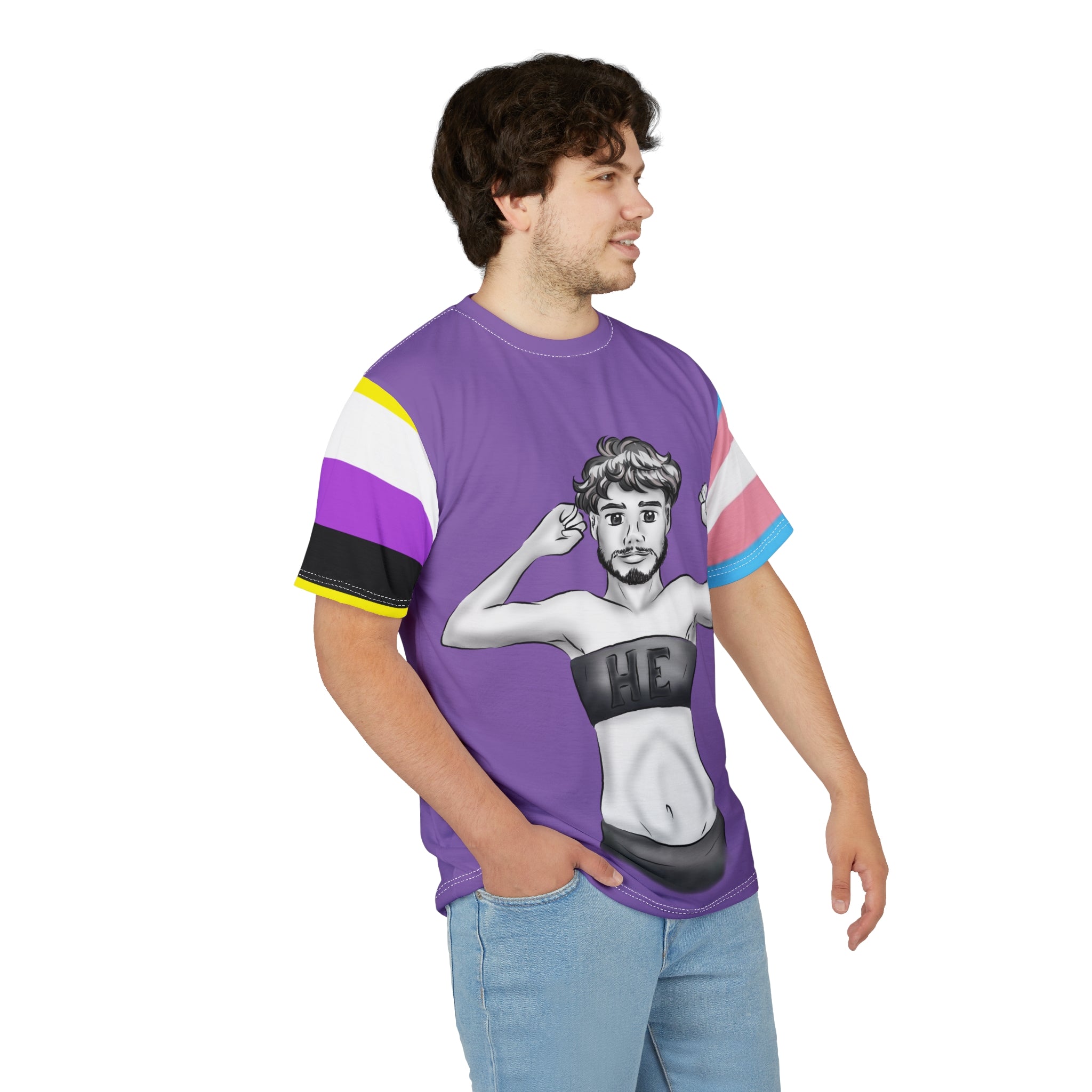 HE Gender-Free Pride Tee – Trans &amp; Nonbinary Flag Sleeves, Inclusive LGBTQIA+ Fashion | Voce Lindx
