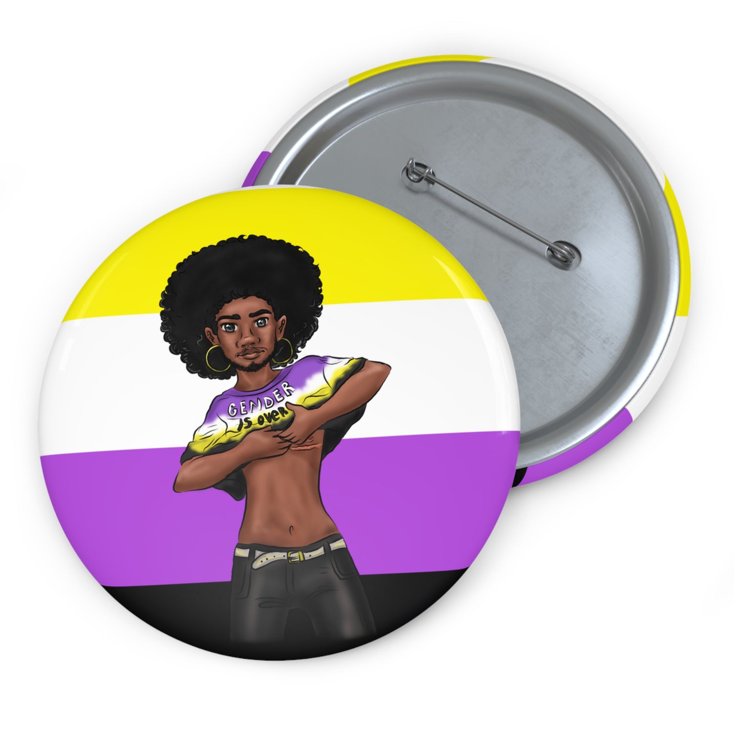 Nonbinary Pride Pin Button – Gender-Free, “Gender Is Over” Black Representation Art, Glossy Metal, Multiple Sizes | Voce Lindx