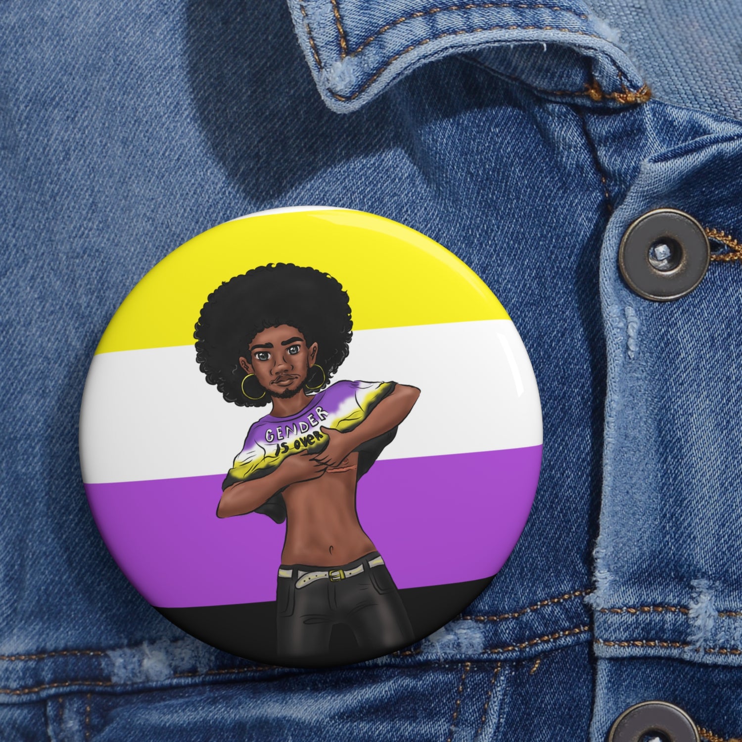 Nonbinary Pride Pin Button – Gender-Free, “Gender Is Over” Black Representation Art, Glossy Metal, Multiple Sizes | Voce Lindx