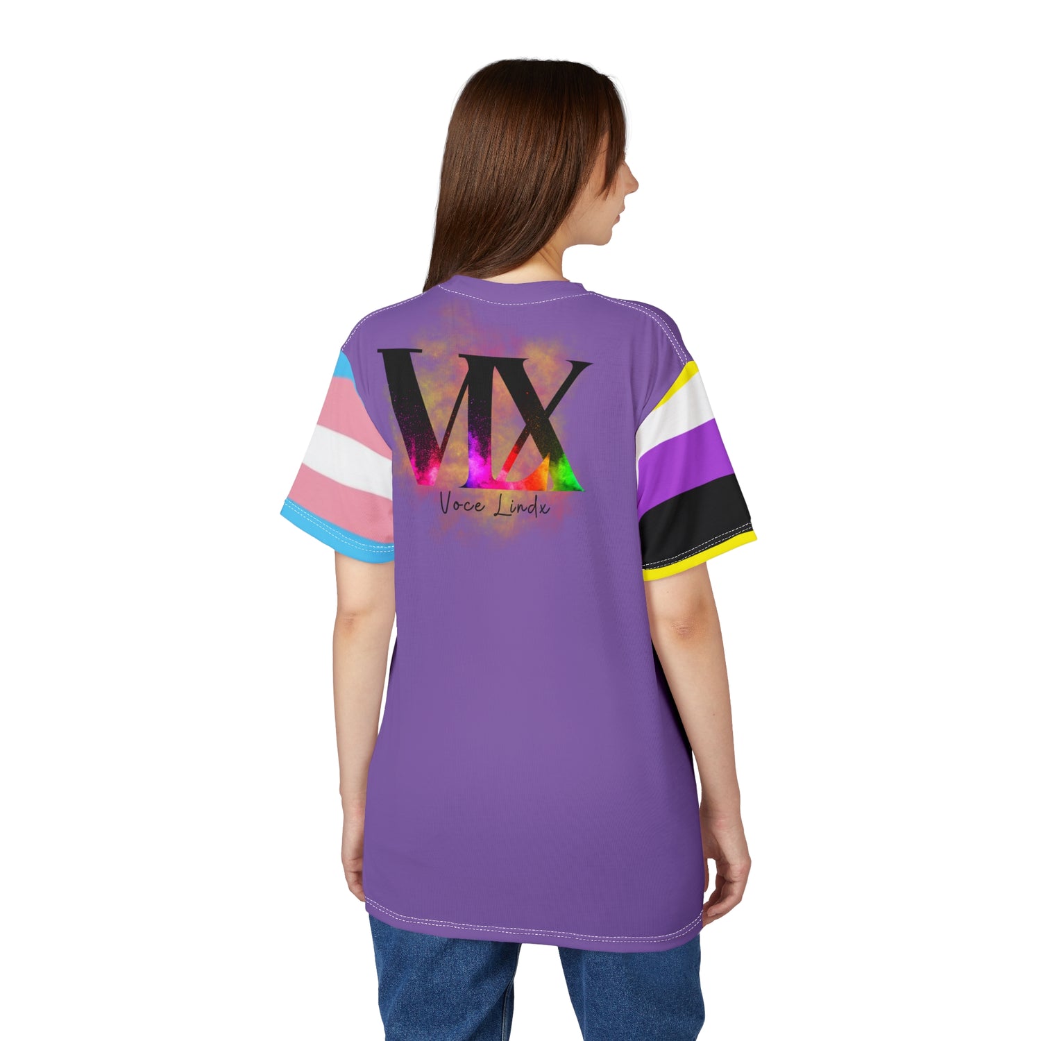 HE Gender-Free Pride Tee – Trans &amp; Nonbinary Flag Sleeves, Inclusive LGBTQIA+ Fashion | Voce Lindx