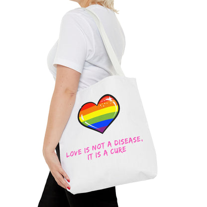Rainbow Heart Pride Tote Bag – “Love Is Not a Disease, It Is a Cure”, Durable Polyester, Multiple Sizes | Inclusive LGBTQIA+ Accessory | Voce Lindx