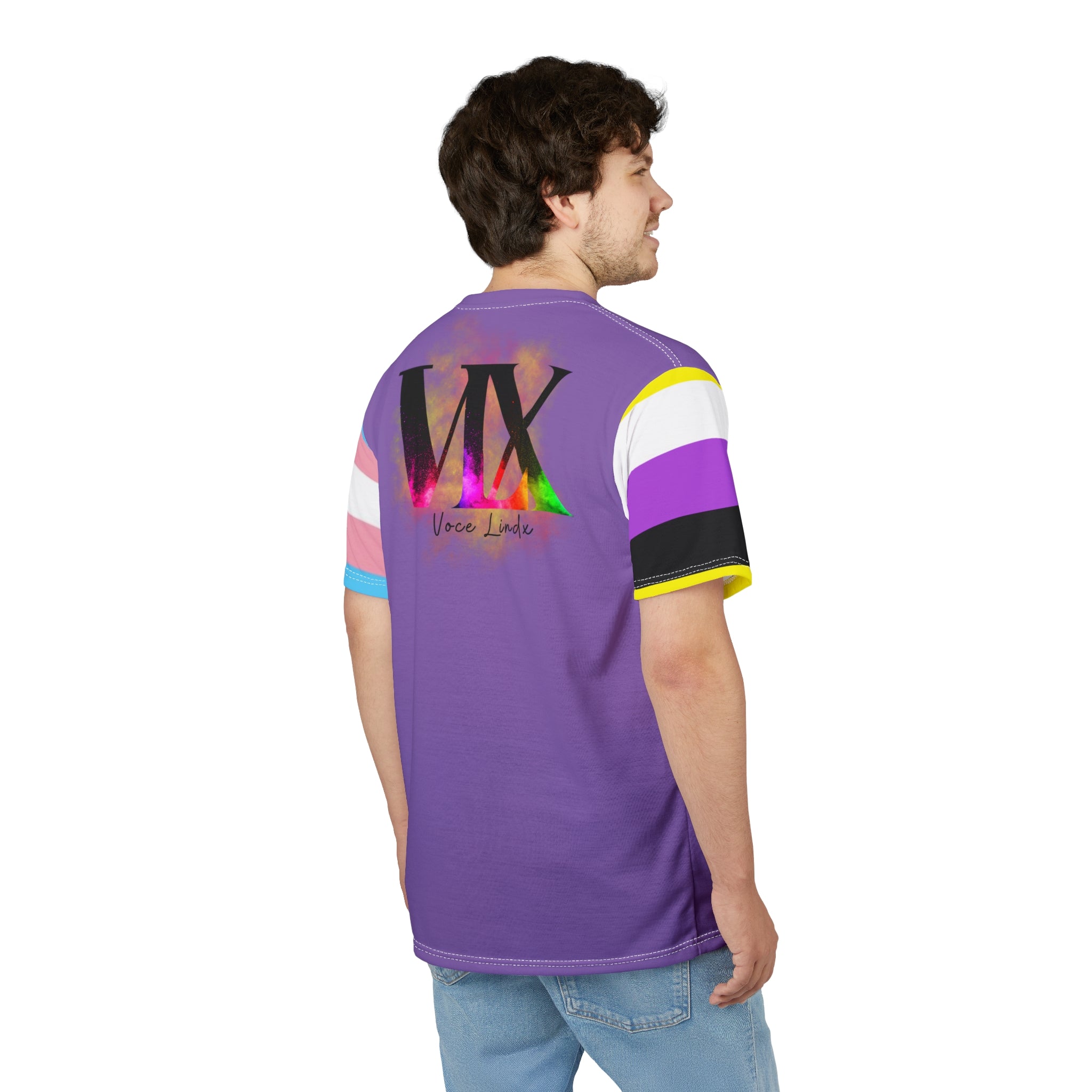 HE Gender-Free Pride Tee – Trans &amp; Nonbinary Flag Sleeves, Inclusive LGBTQIA+ Fashion | Voce Lindx