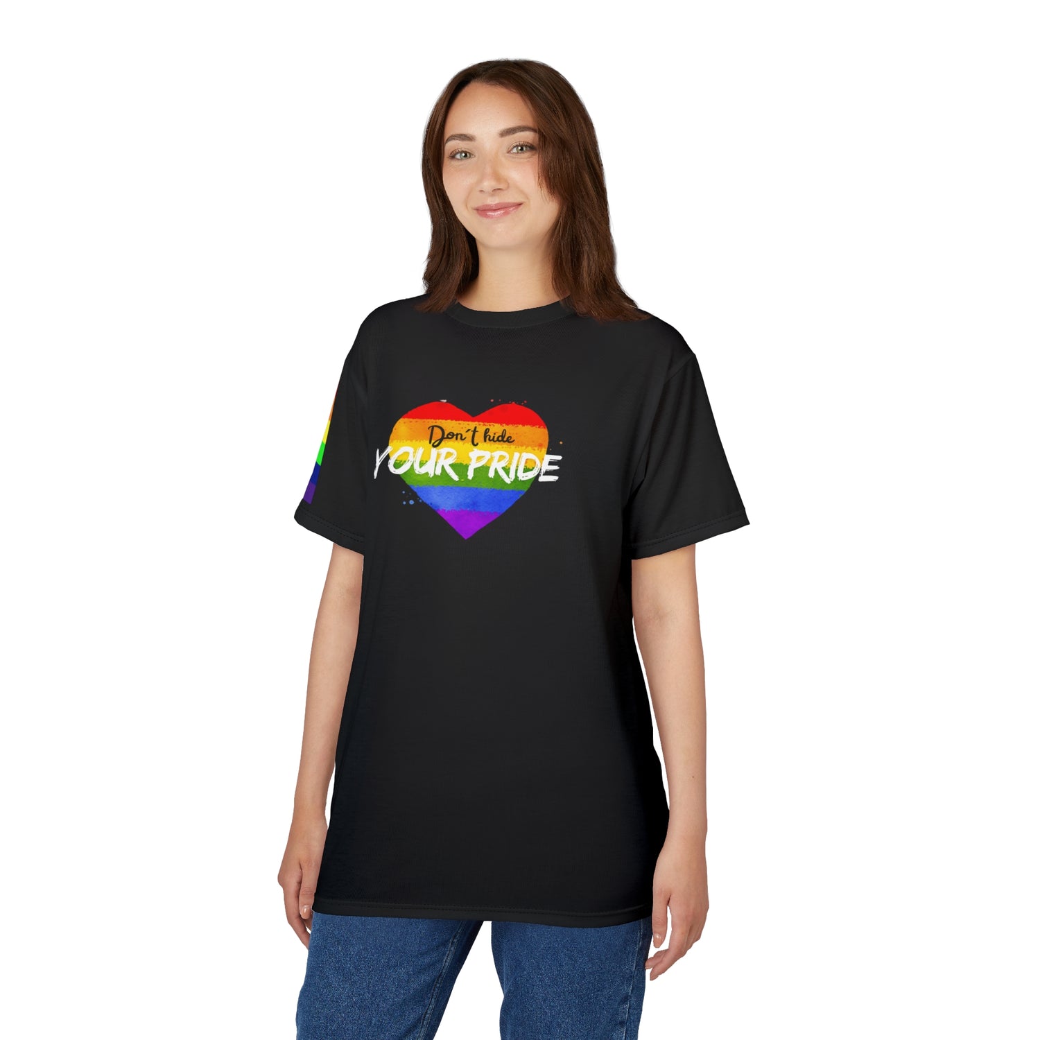 Don’t Hide Your Pride Gender-Free Tee – Rainbow Heart, Inclusive LGBTQIA+ Fashion | Voce Lindx