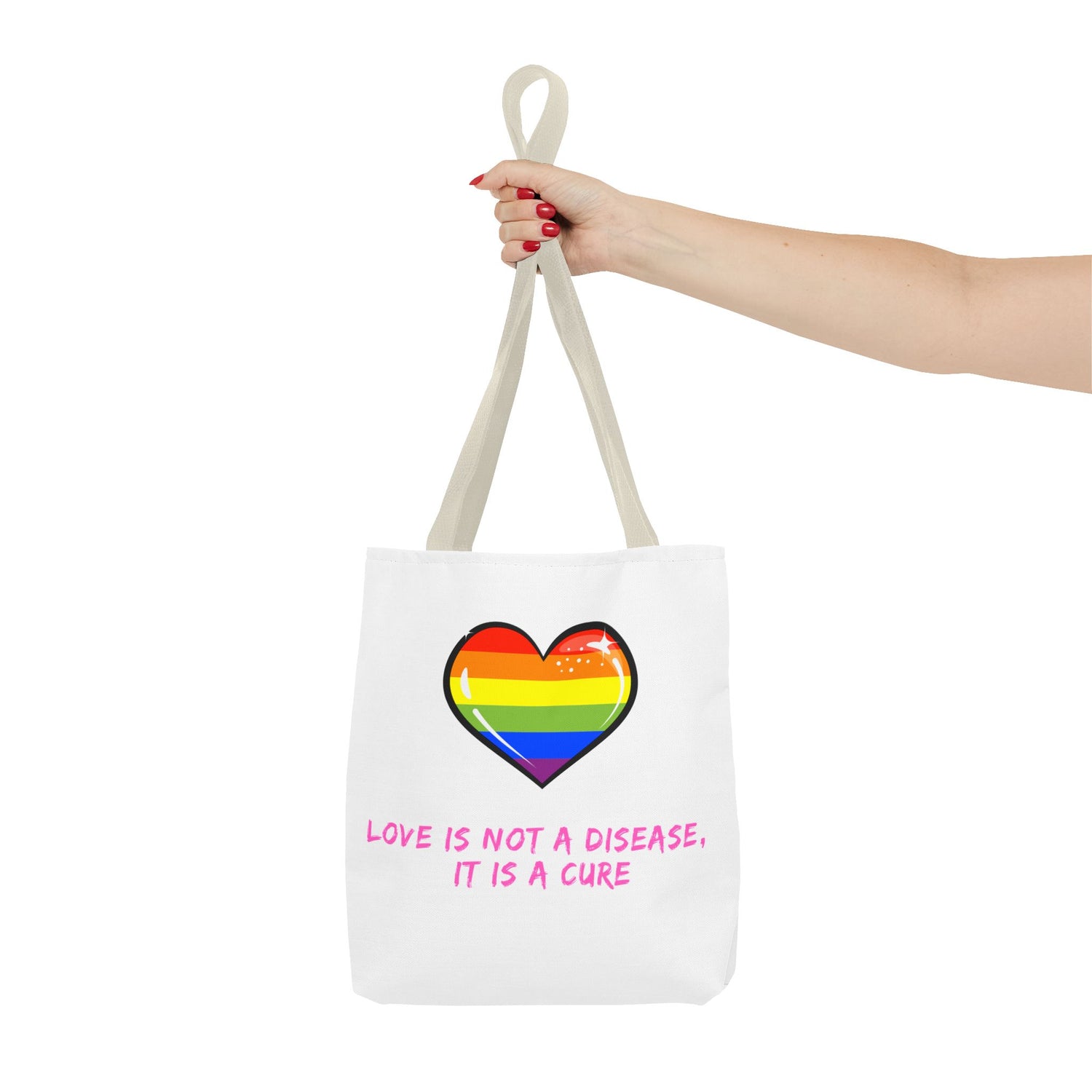 Rainbow Heart Pride Tote Bag – “Love Is Not a Disease, It Is a Cure”, Durable Polyester, Multiple Sizes | Inclusive LGBTQIA+ Accessory | Voce Lindx