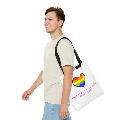 Rainbow Heart Pride Tote Bag – “Love Is Not a Disease, It Is a Cure”, Durable Polyester, Multiple Sizes | Inclusive LGBTQIA+ Accessory | Voce Lindx