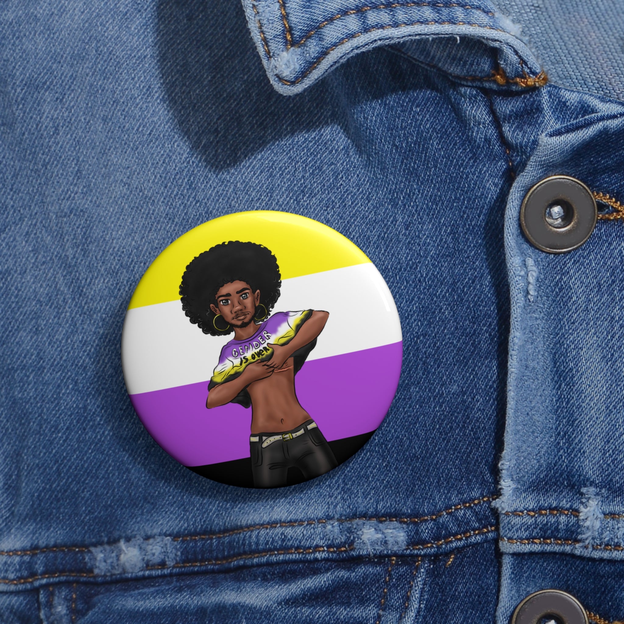 Nonbinary Pride Pin Button – Gender-Free, “Gender Is Over” Black Representation Art, Glossy Metal, Multiple Sizes | Voce Lindx