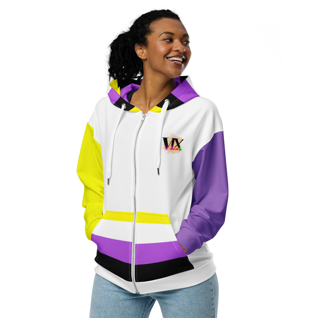 Sudadera con capucha y cremallera no binaria