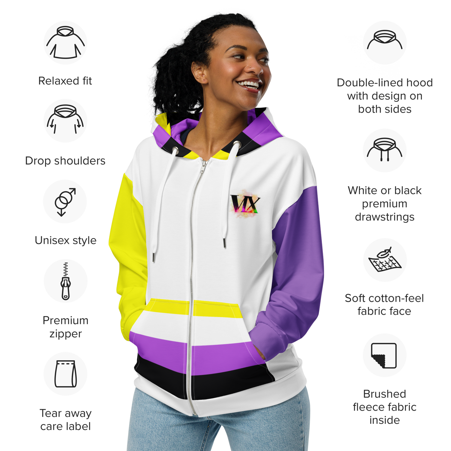 Sudadera con capucha y cremallera no binaria