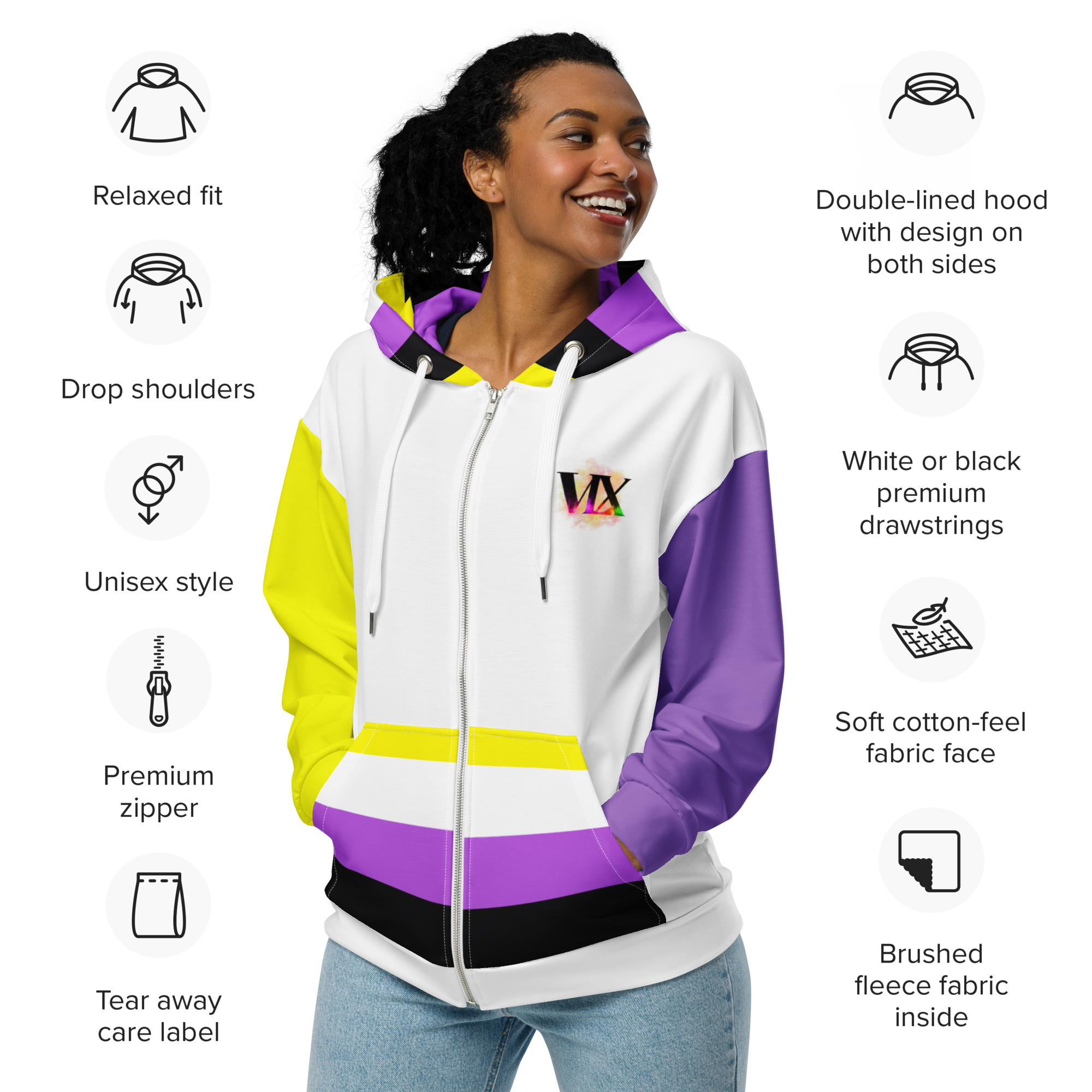 Sudadera con capucha y cremallera no binaria