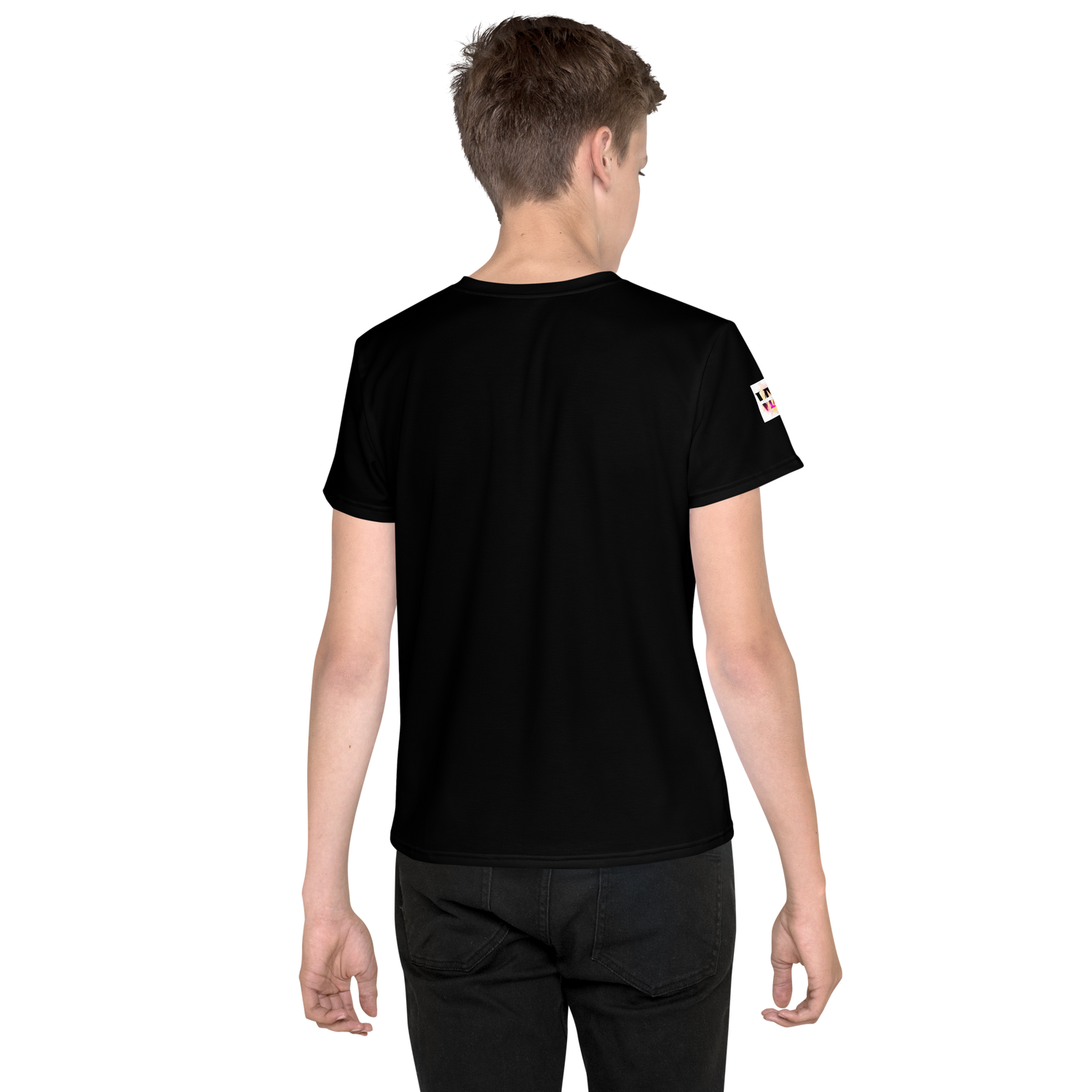 Camiseta juvenil cuello redondo negra flor rosa