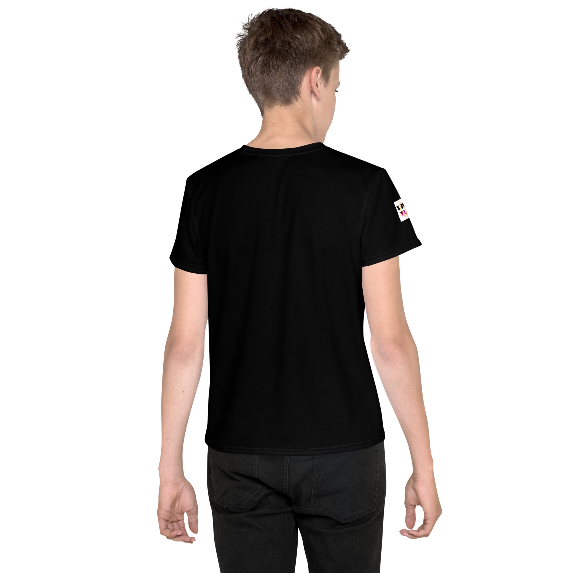Camiseta juvenil cuello redondo negra flor rosa
