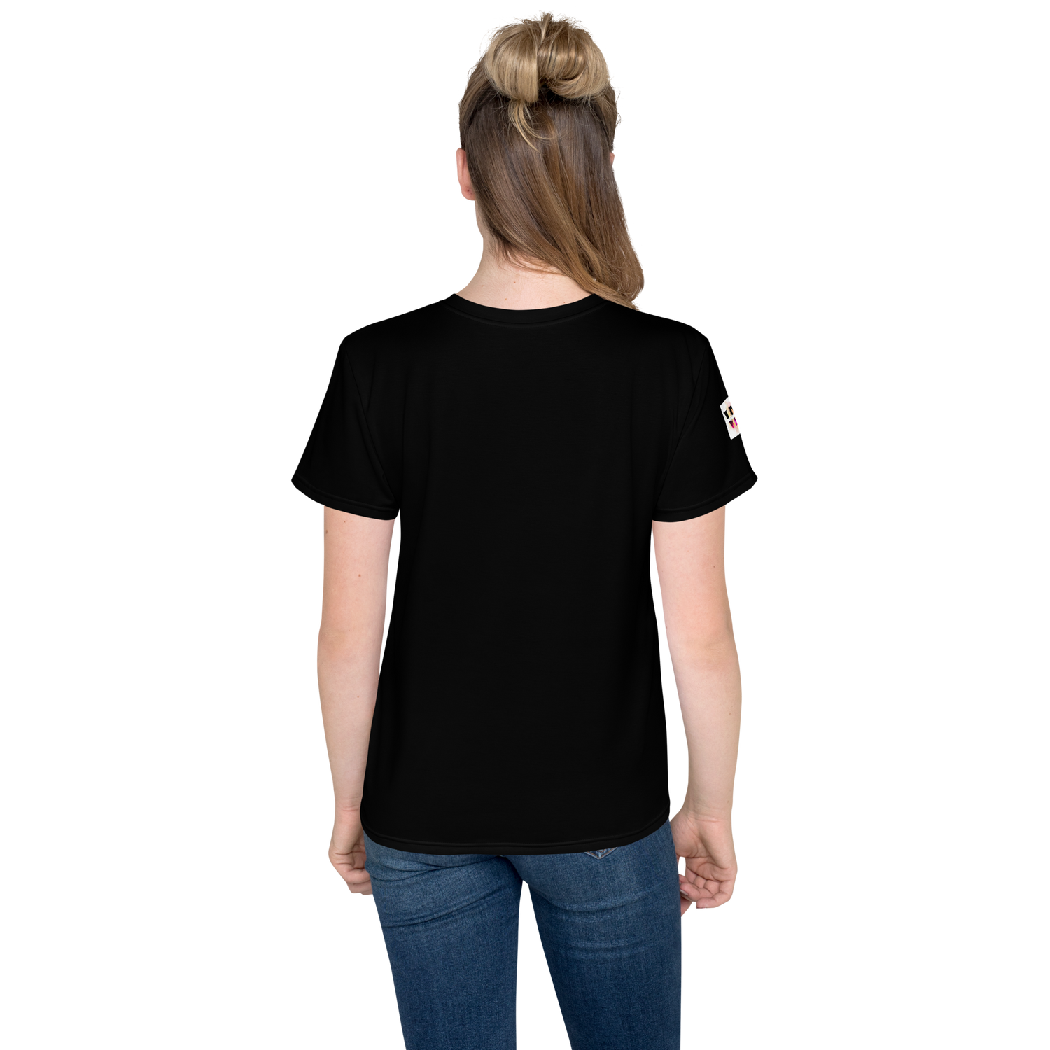 Camiseta juvenil cuello redondo negra flor rosa