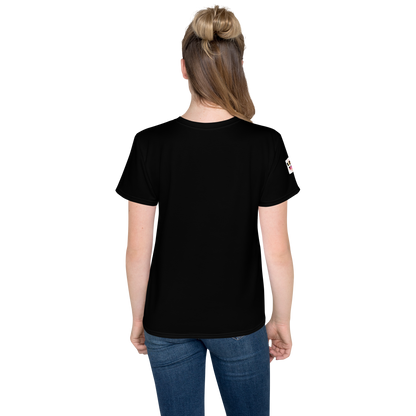 Camiseta juvenil cuello redondo negra flor rosa