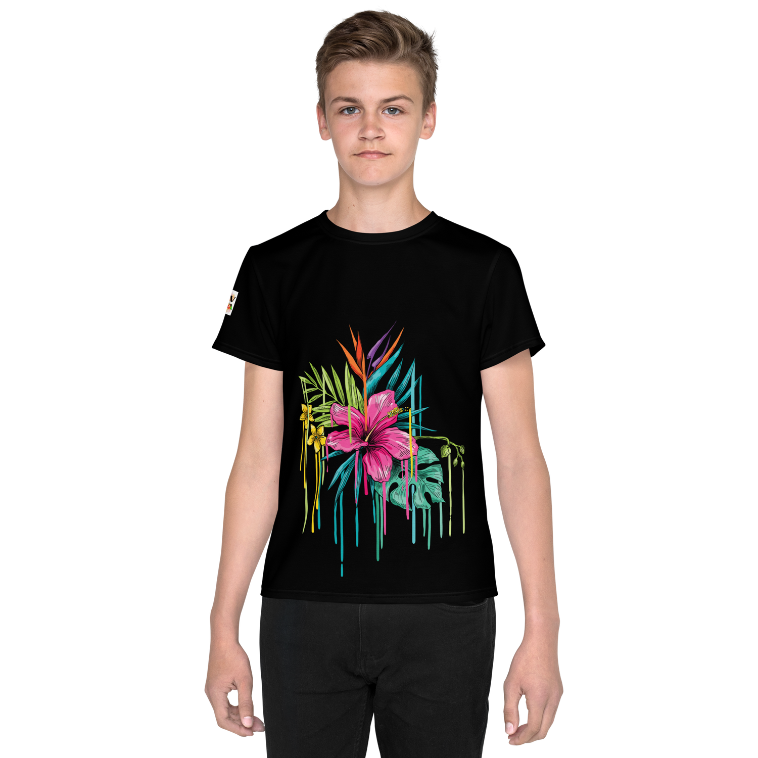 Camiseta juvenil cuello redondo negra flor rosa