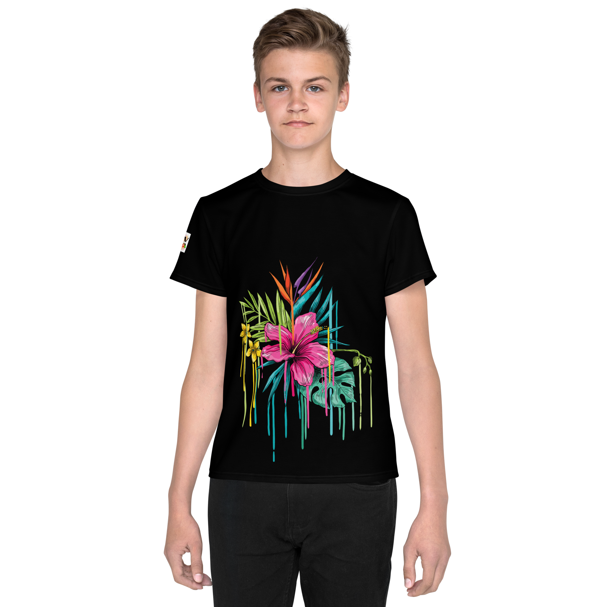 Camiseta juvenil cuello redondo negra flor rosa