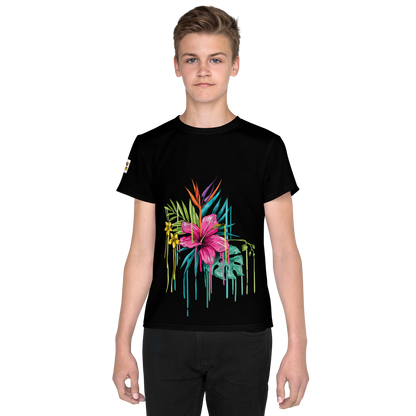 Camiseta juvenil cuello redondo negra flor rosa