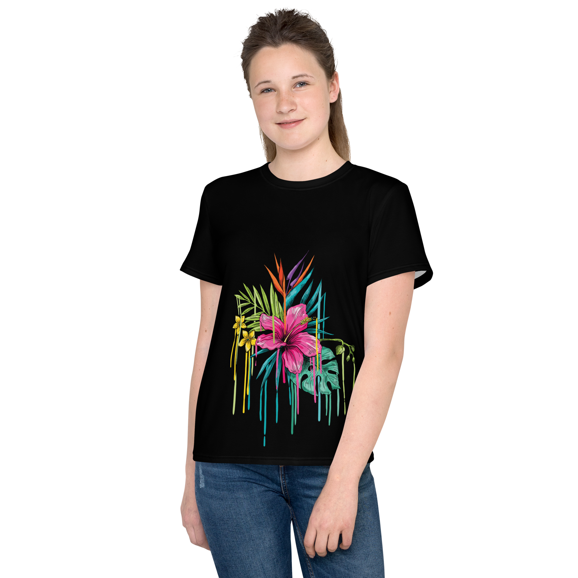 Camiseta juvenil cuello redondo negra flor rosa