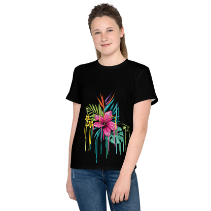Camiseta juvenil cuello redondo negra flor rosa