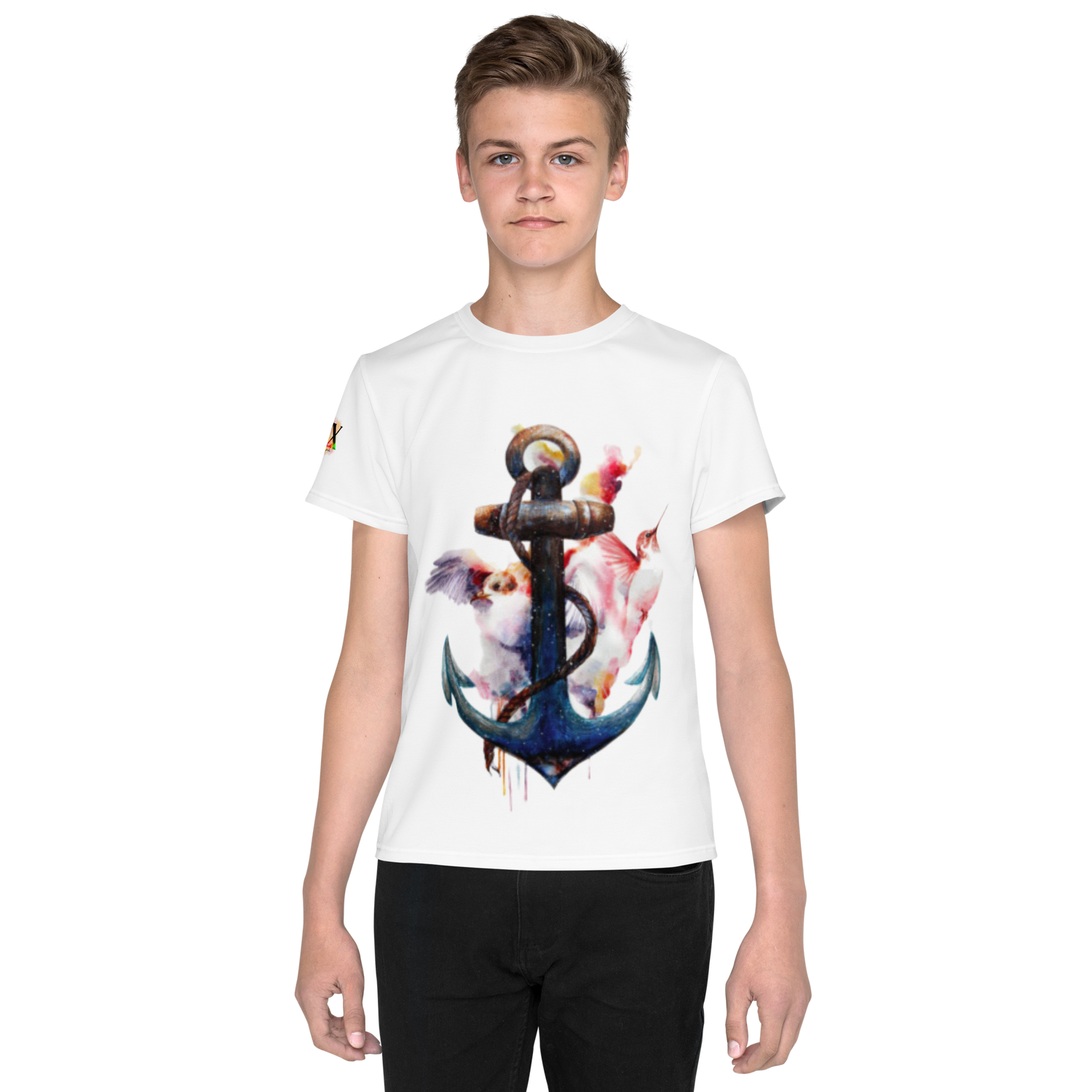 Camiseta juvenil cuello redondo ancla y colibrí