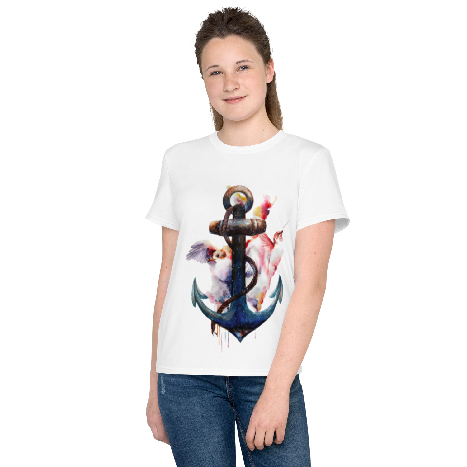 Camiseta juvenil cuello redondo ancla y colibrí