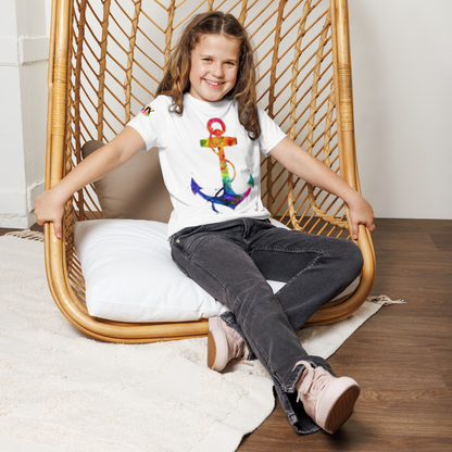 T-shirt juvenil com gola redonda âncora arco-íris