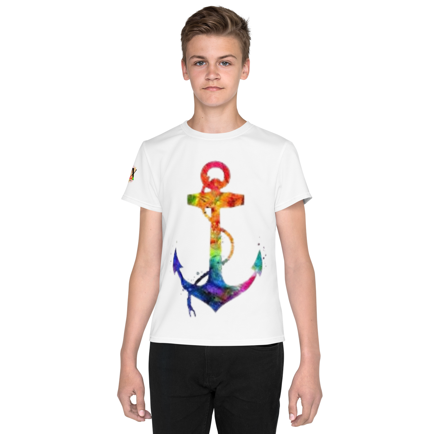 T-shirt juvenil com gola redonda âncora arco-íris