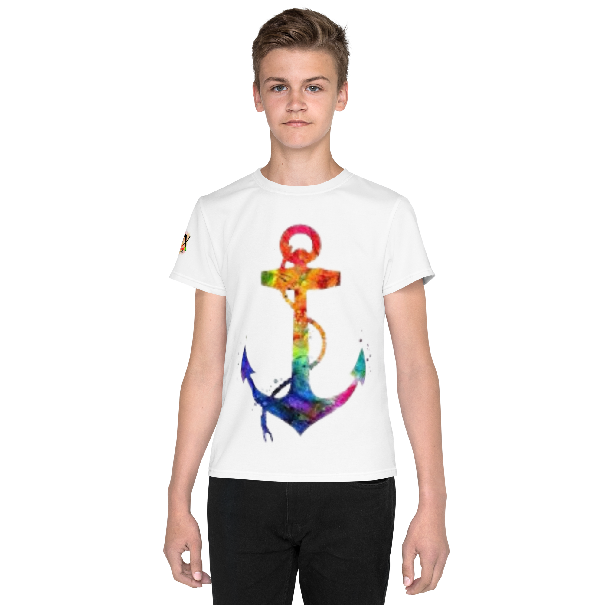 T-shirt juvenil com gola redonda âncora arco-íris