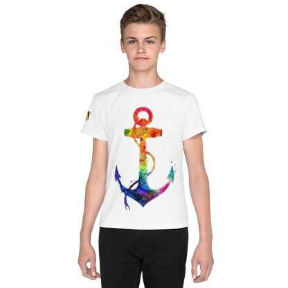T-shirt juvenil com gola redonda âncora arco-íris